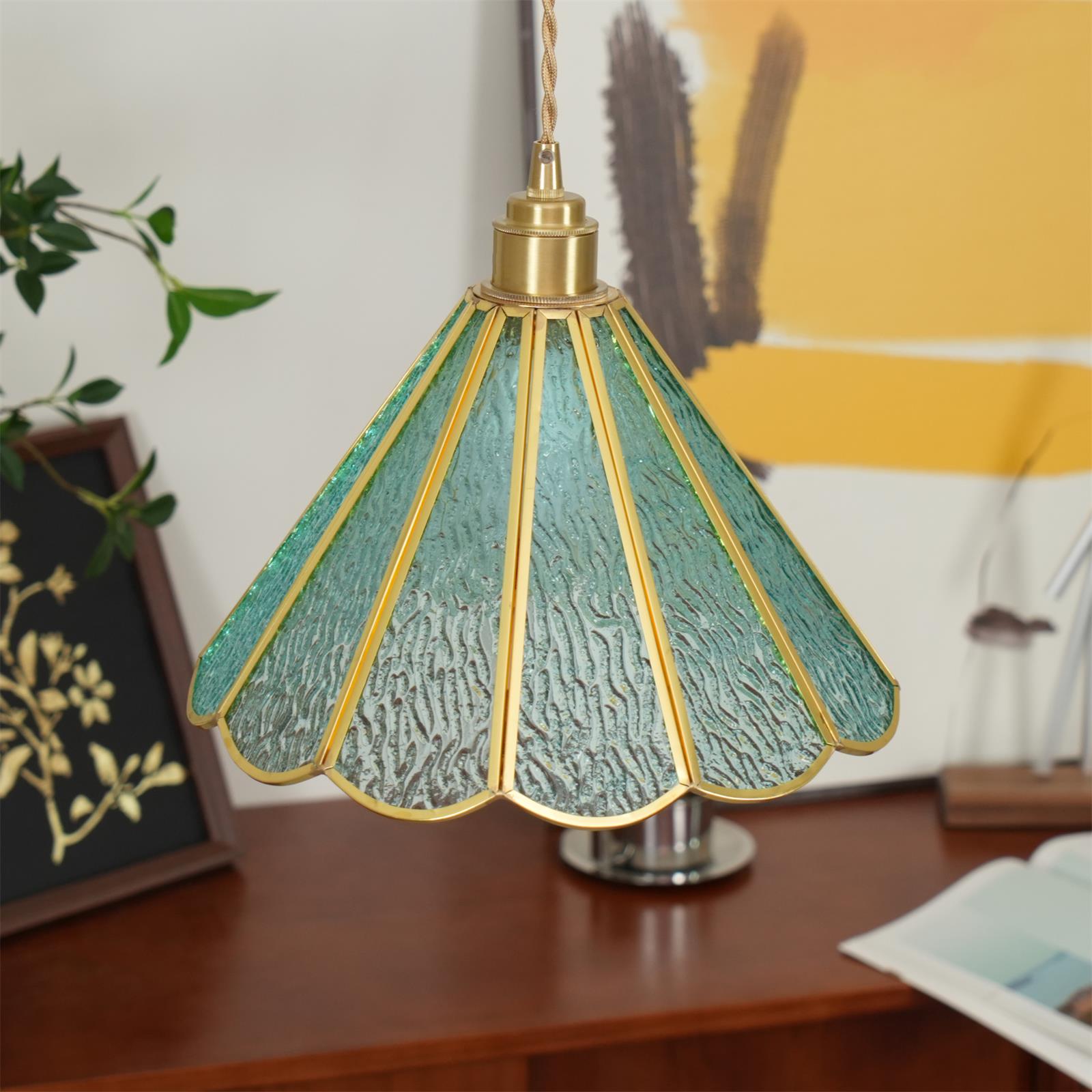 Pendant Lamp Textured Blue Glass Scalloped Brass - Neutralighting