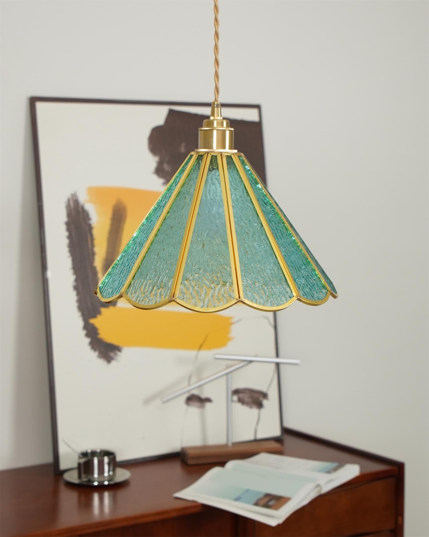 Pendant Lamp Textured Blue Glass Scalloped Brass - Neutralighting
