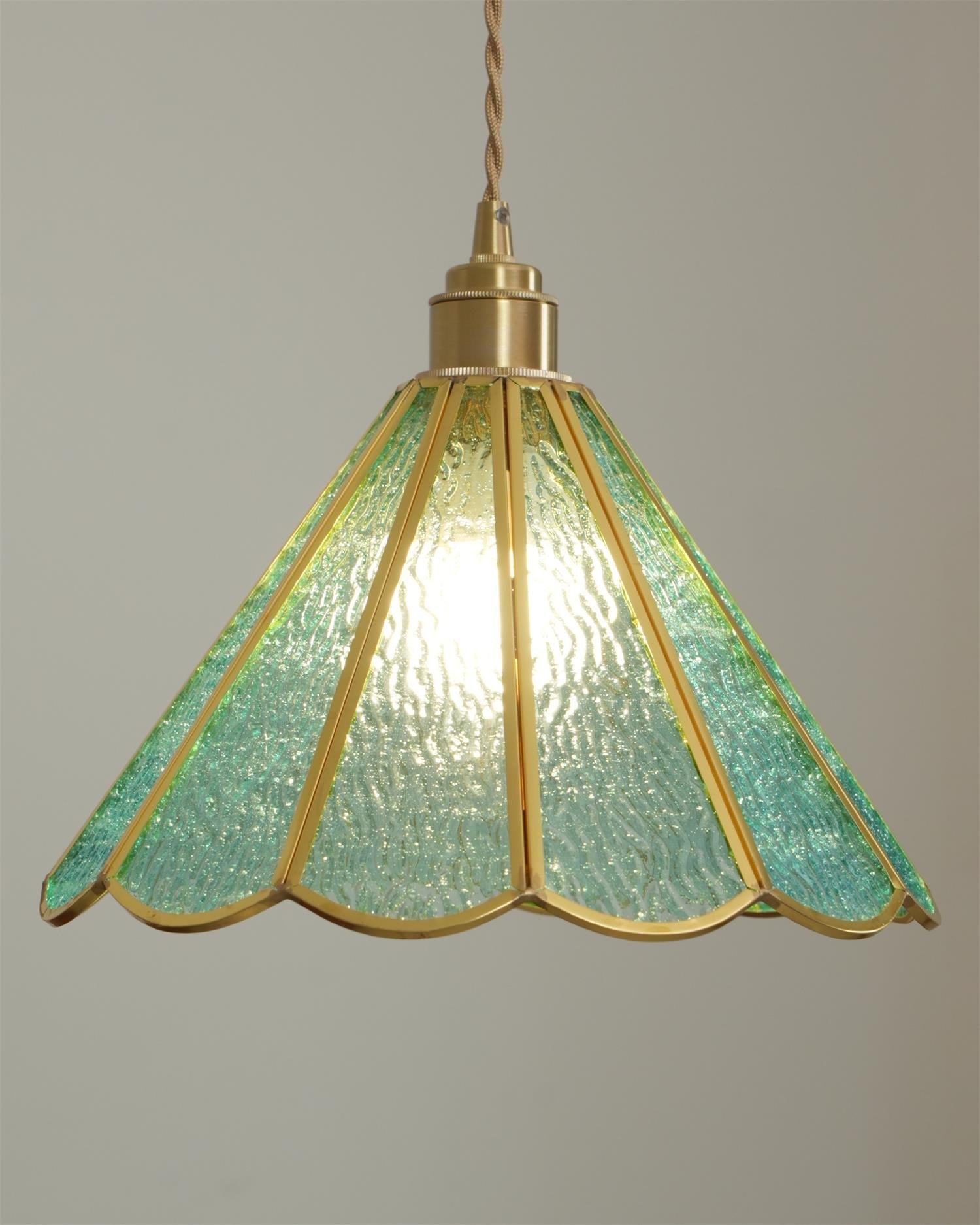Pendant Lamp Textured Blue Glass Scalloped Brass - Neutralighting