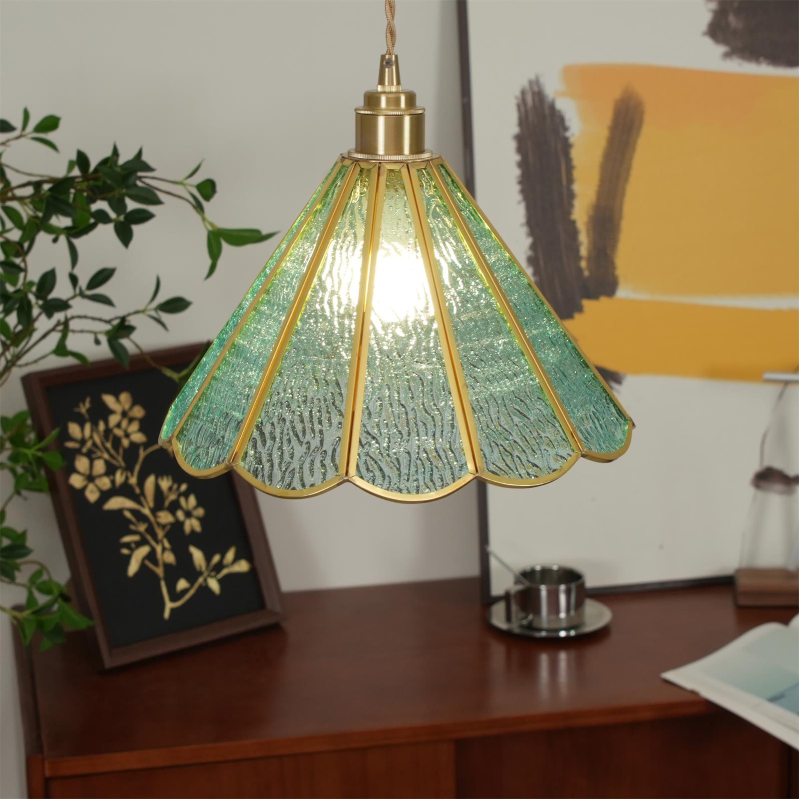 Pendant Lamp Textured Blue Glass Scalloped Brass - Neutralighting