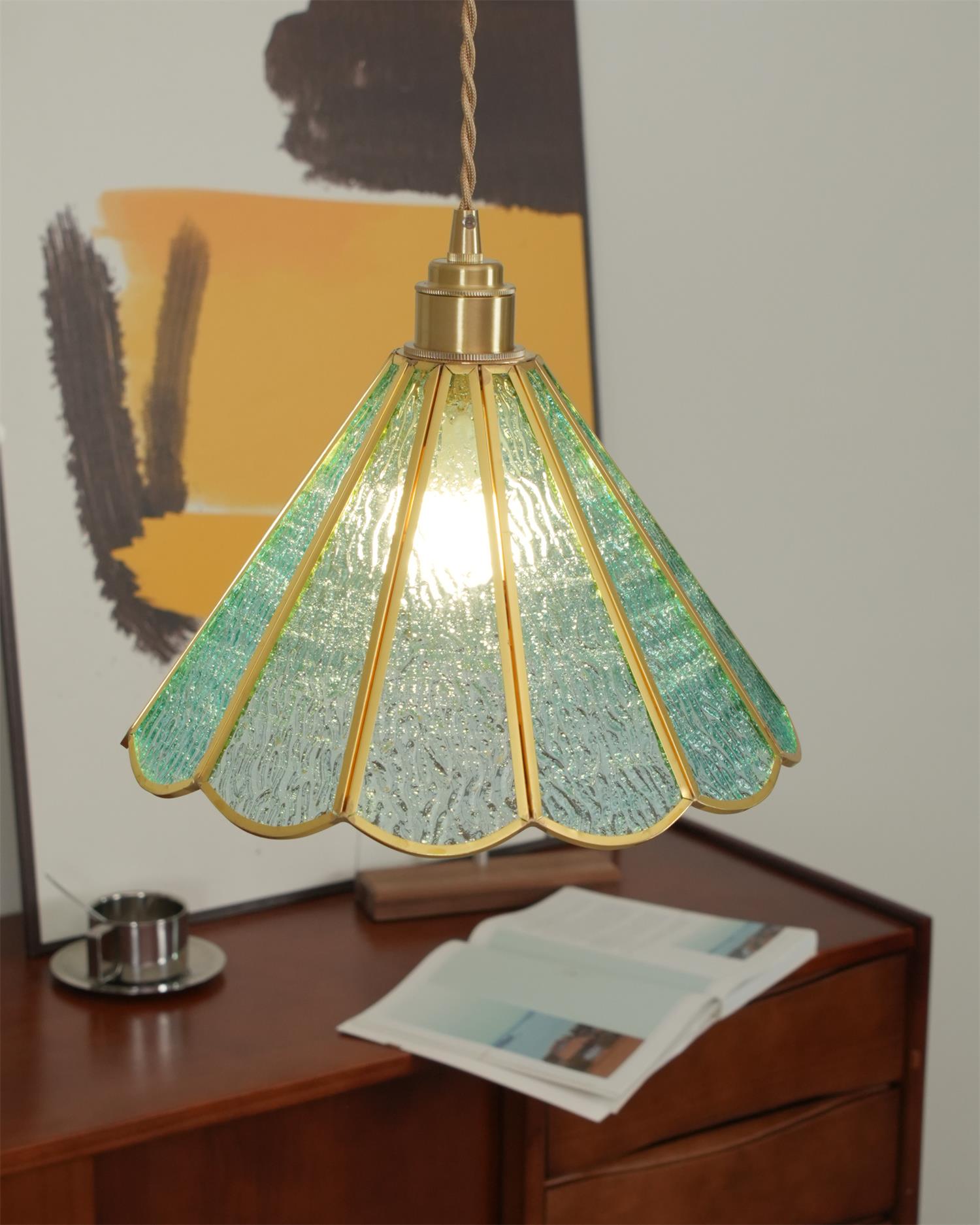 Pendant Lamp Textured Blue Glass Scalloped Brass - Neutralighting