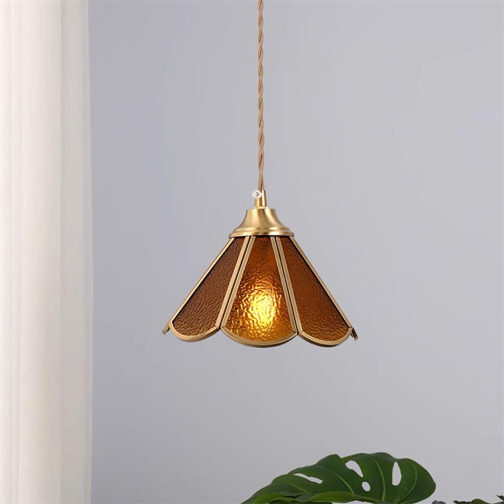 Pendant Lamp Textured Blue Glass Scalloped Brass - Neutralighting