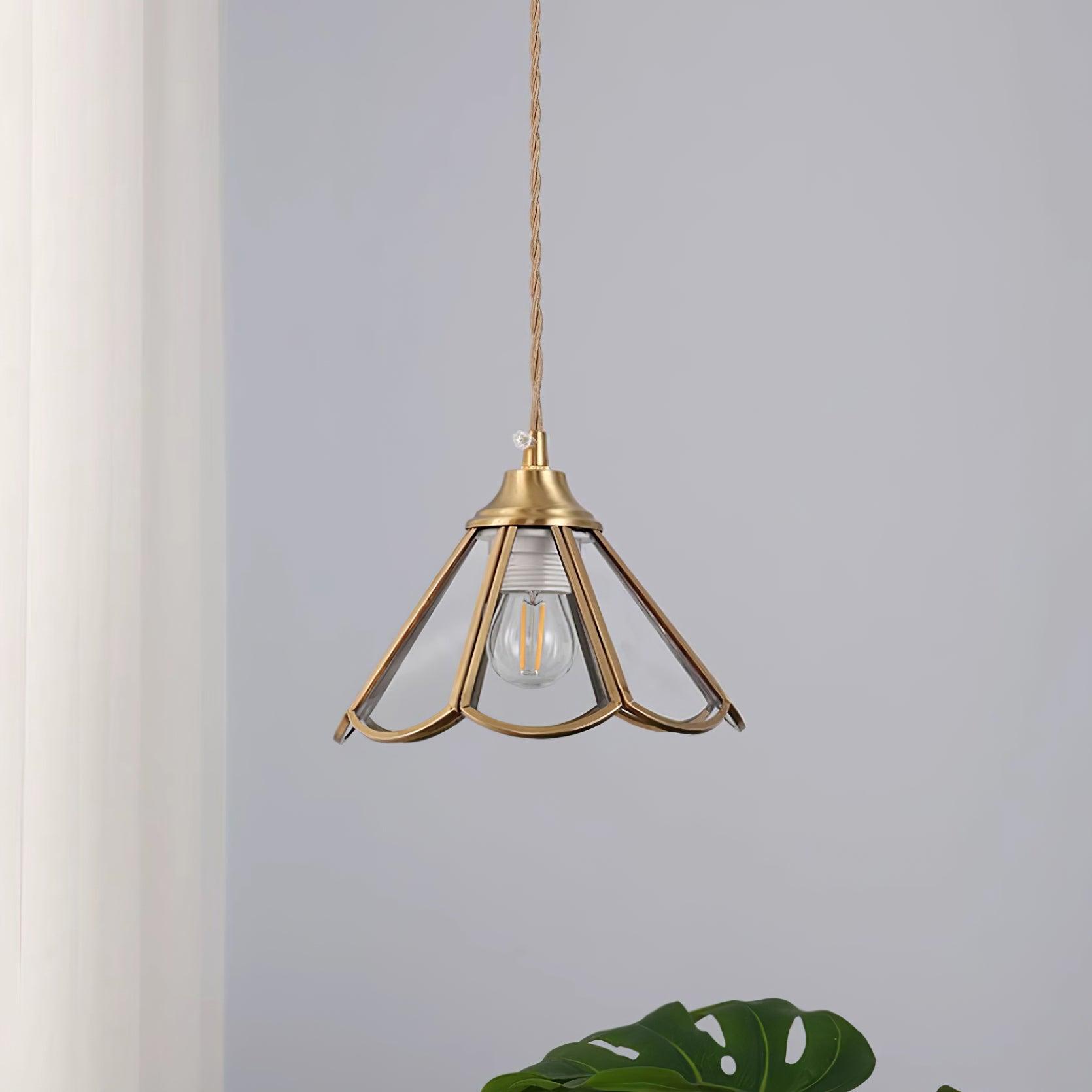 Pendant Lamp Textured Blue Glass Scalloped Brass - Neutralighting