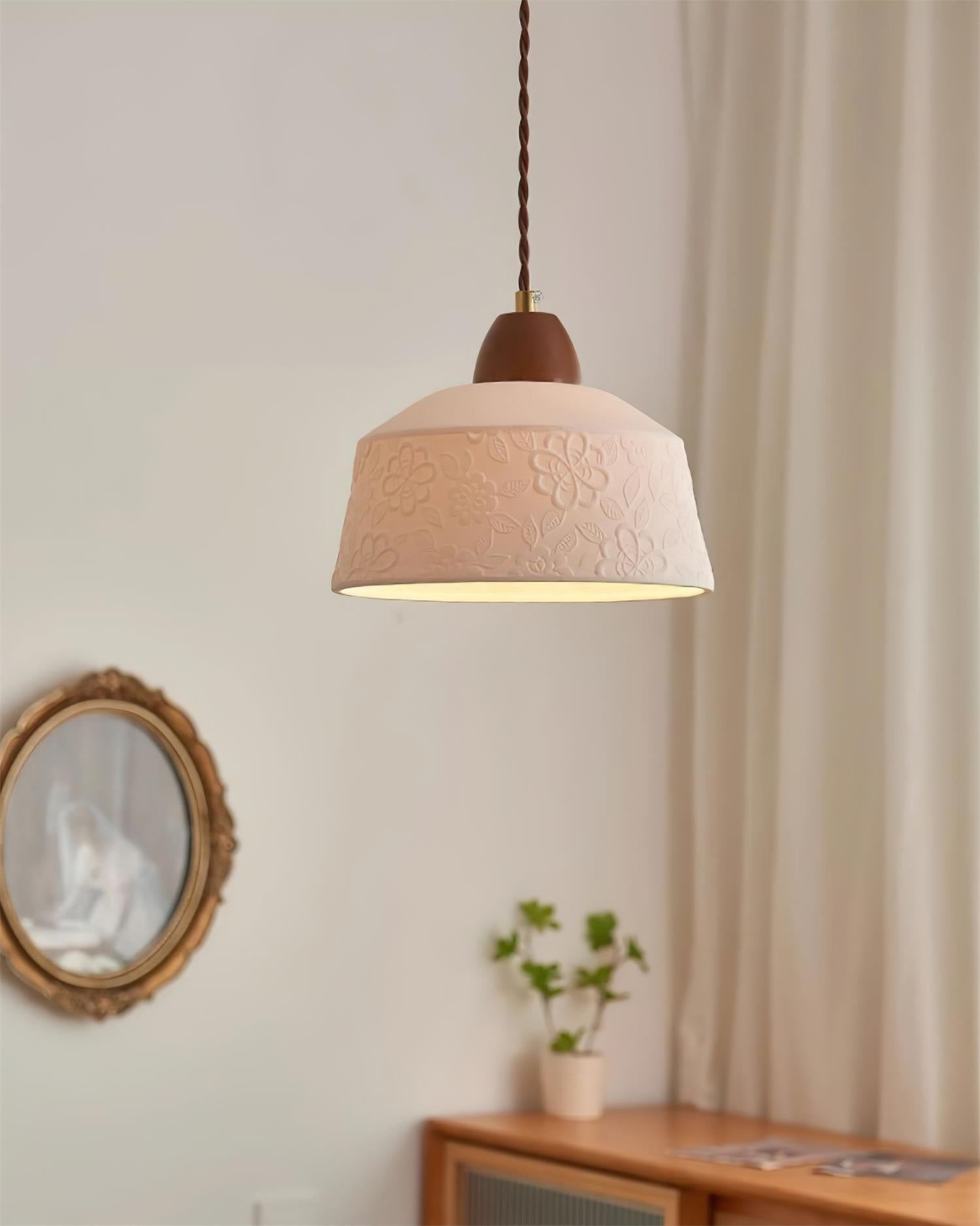 Pendant Lamp Textured Ceramic Drum Walnut Wood Retro - Neutralighting