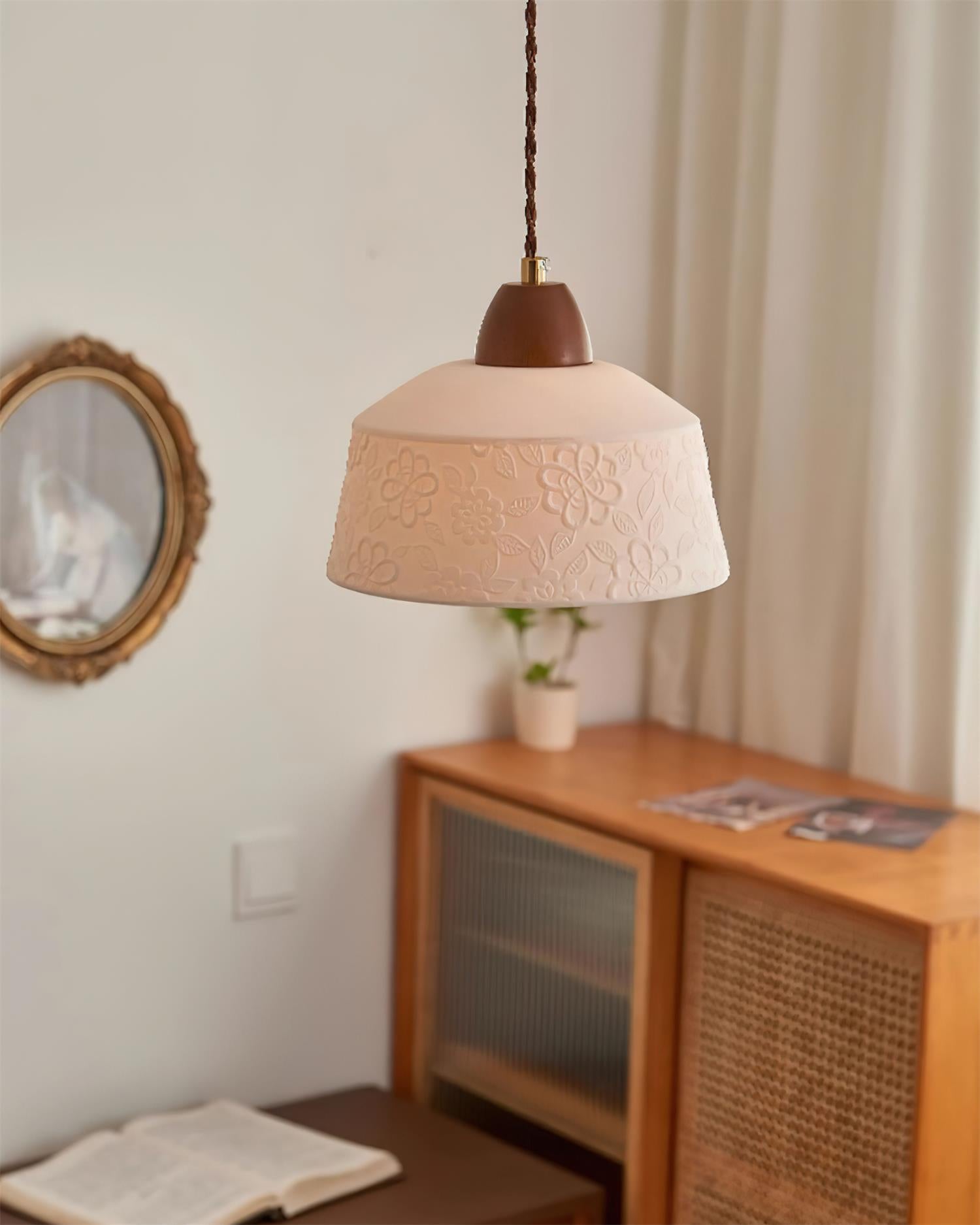 Pendant Lamp Textured Ceramic Drum Walnut Wood Retro - Neutralighting