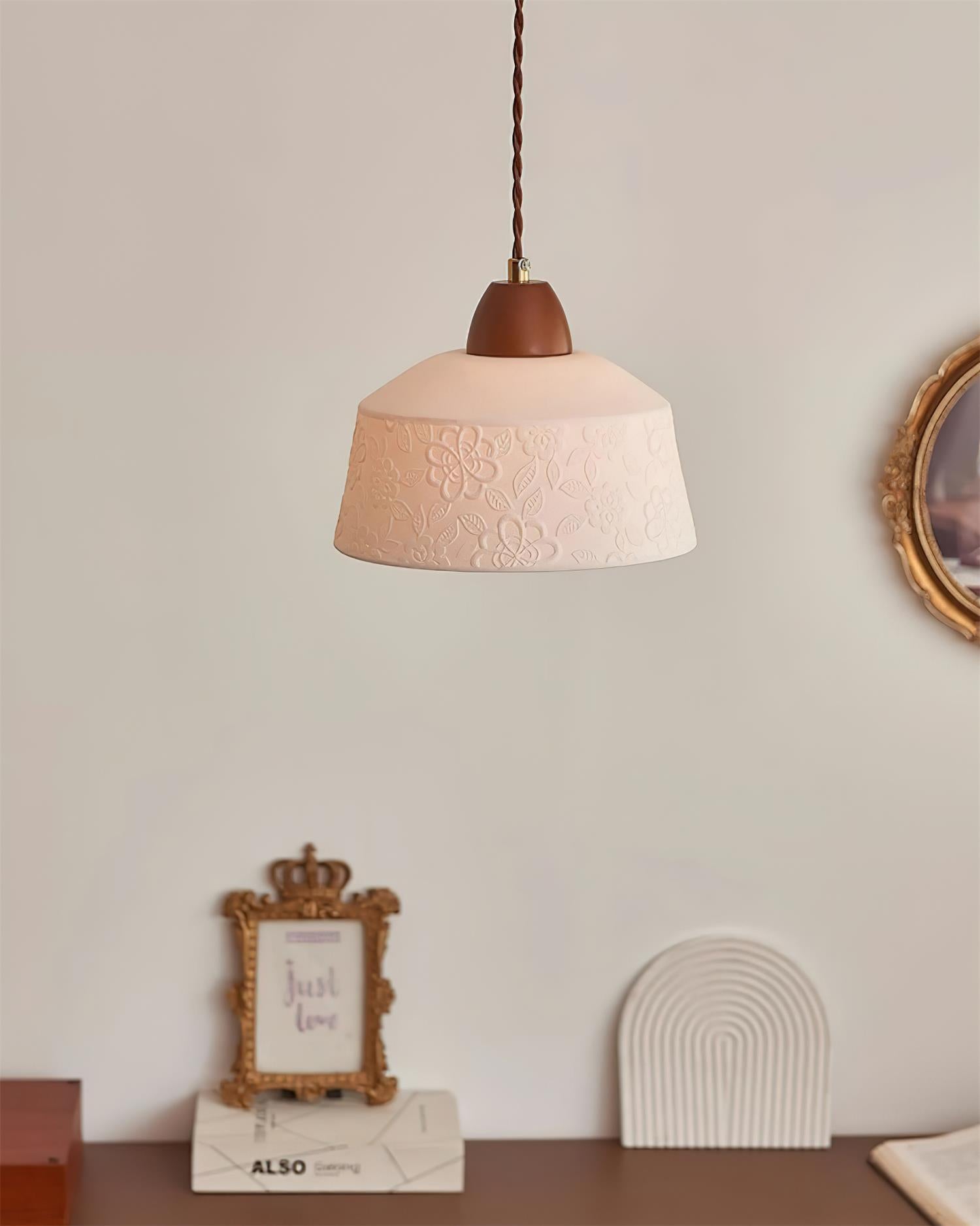 Pendant Lamp Textured Ceramic Drum Walnut Wood Retro - Neutralighting