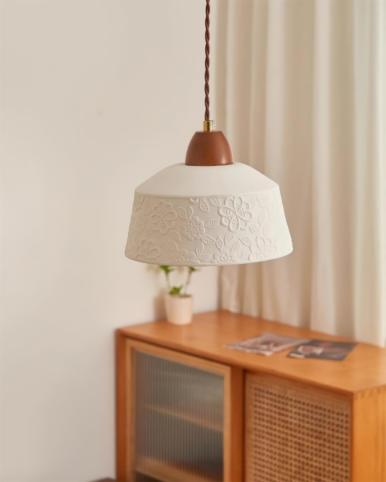 Pendant Lamp Textured Ceramic Drum Walnut Wood Retro - Neutralighting
