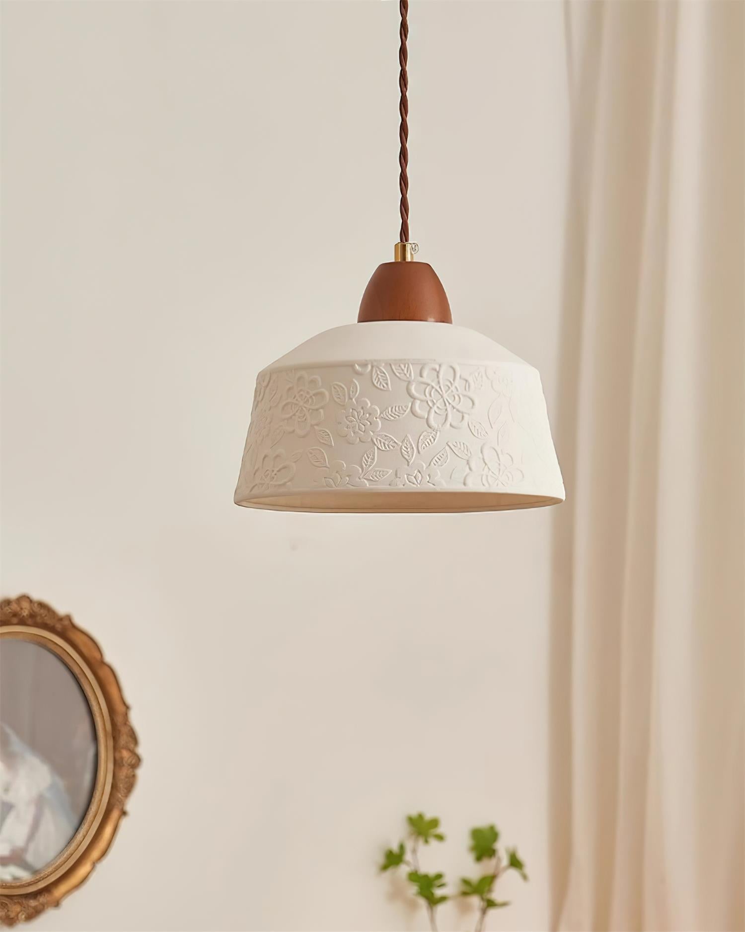 Pendant Lamp Textured Ceramic Drum Walnut Wood Retro - Neutralighting