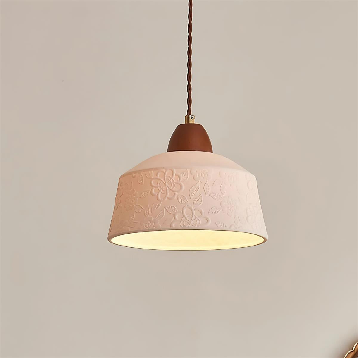 Pendant Lamp Textured Ceramic Drum Walnut Wood Retro - Neutralighting
