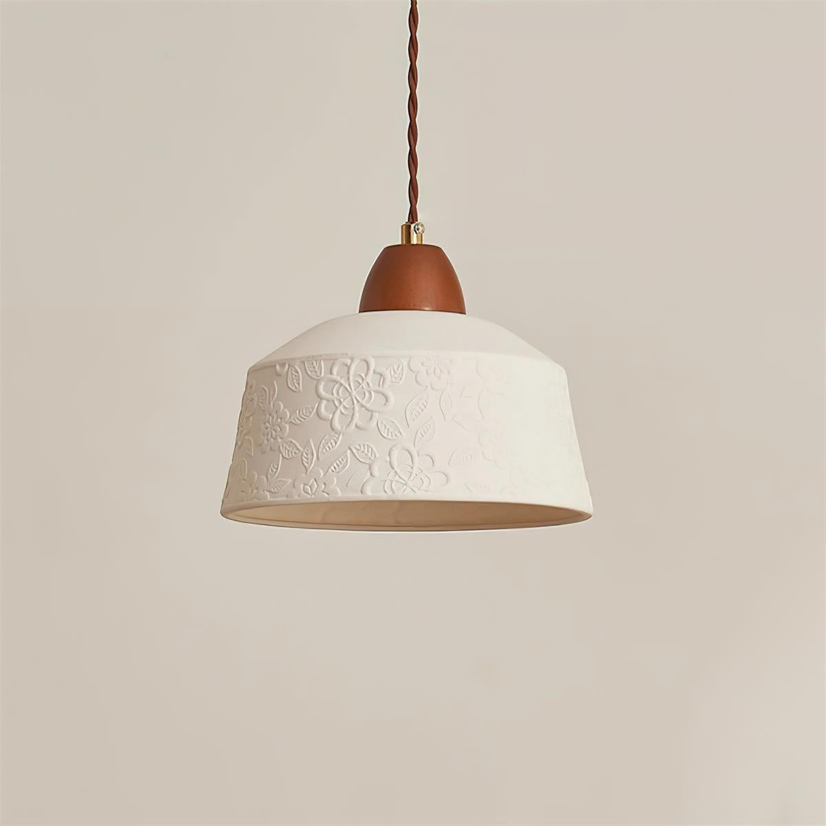 Pendant Lamp Textured Ceramic Drum Walnut Wood Retro - Neutralighting