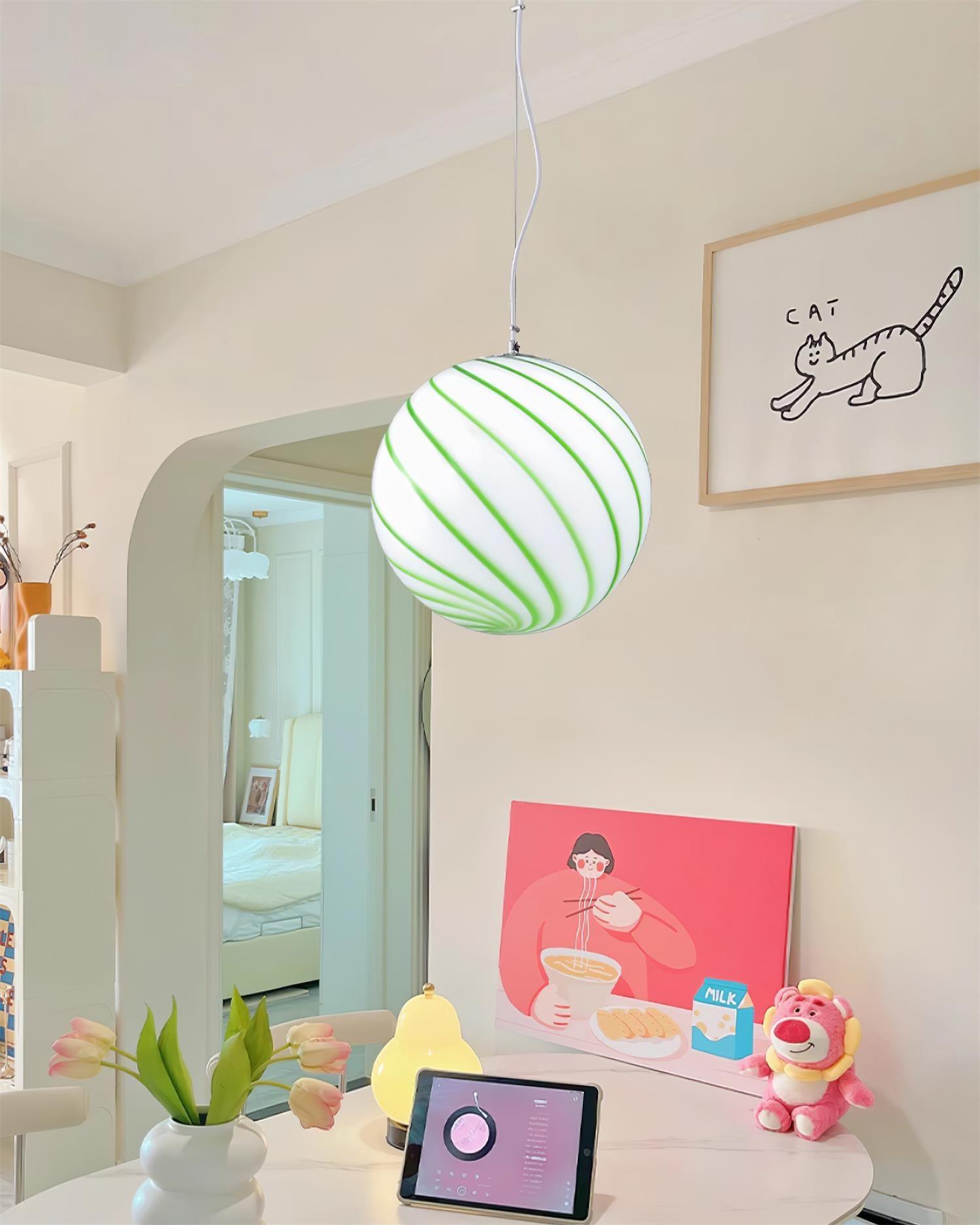 Pendant Lamp Glass Globe Light with Green Swirl Stripes - Neutralighting