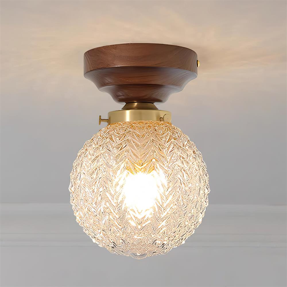 Ceiling Light Globe Shade Clear Glass Walnut Wood Canopy Brass - Neutralighting