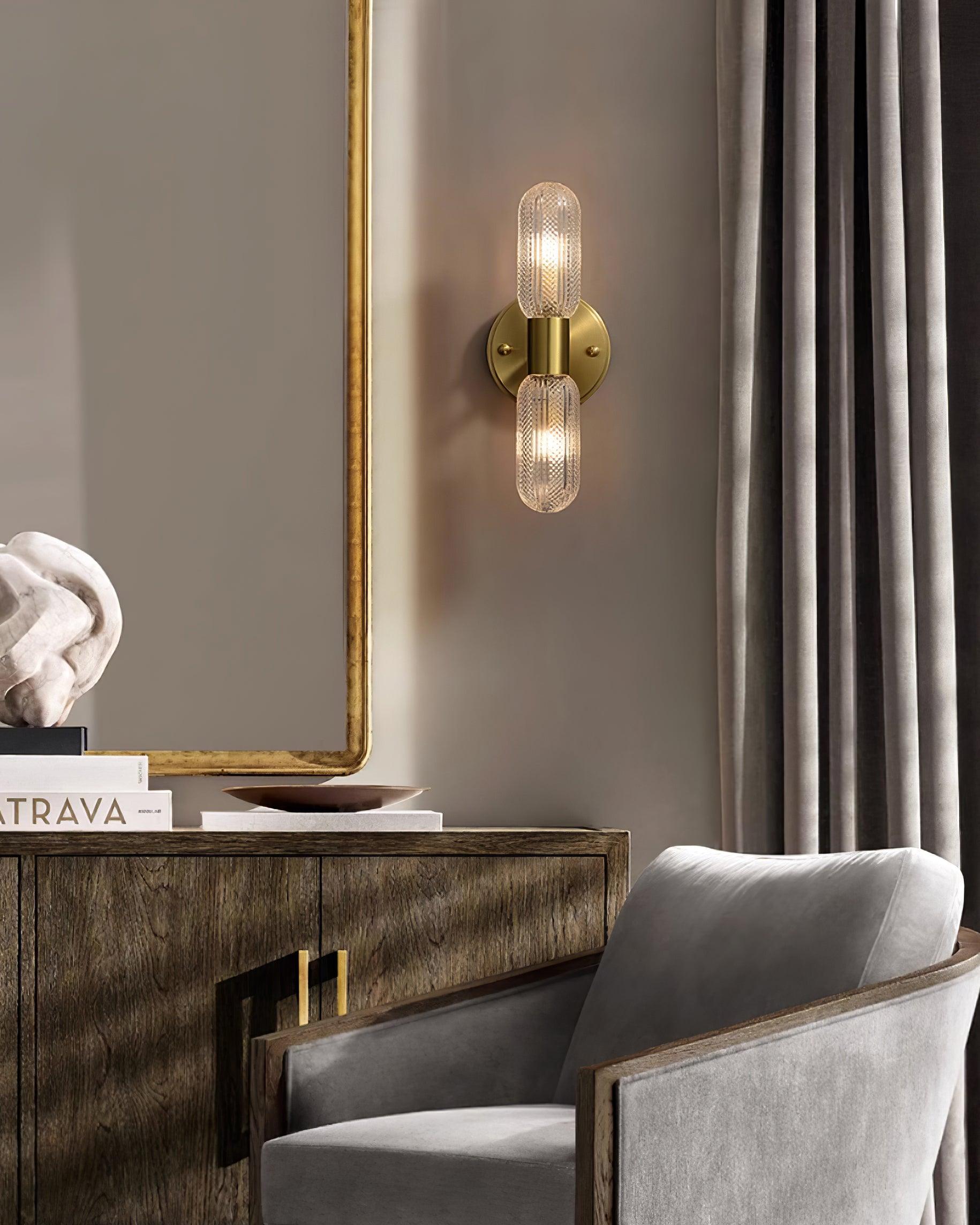 Evania Brass and Textured Glass Double Light Wall Sconce - Neutralighting