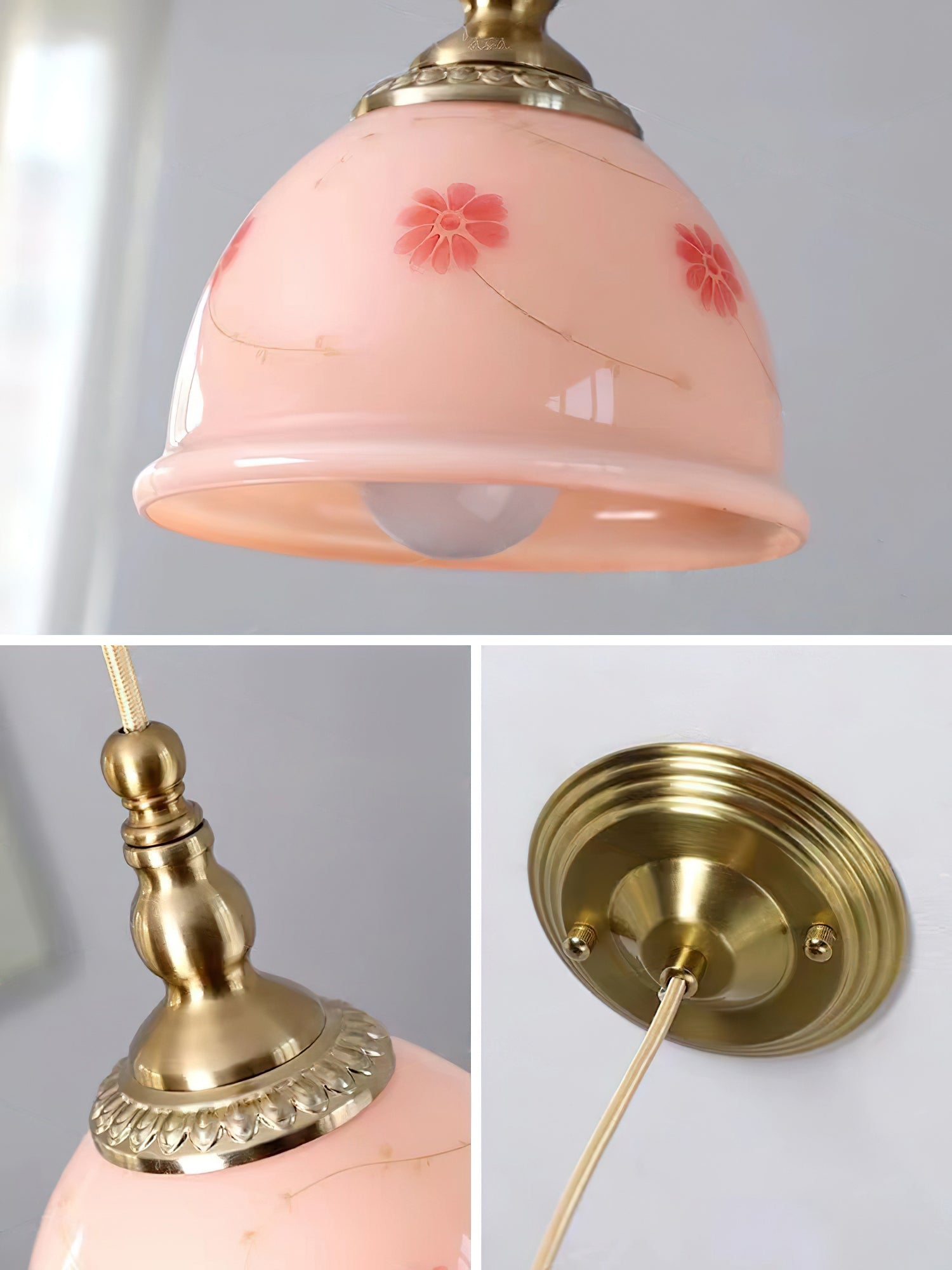 Pendant Lamp Brass and Glass Floral Pattern Dome Shade Vintage - Neutralighting