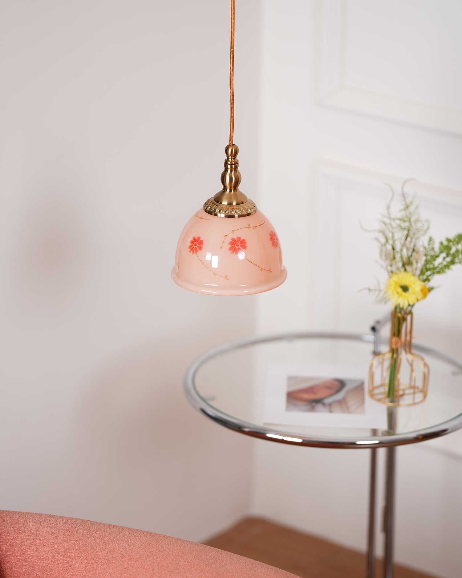 Pendant Lamp Brass and Glass Floral Pattern Dome Shade Vintage - Neutralighting