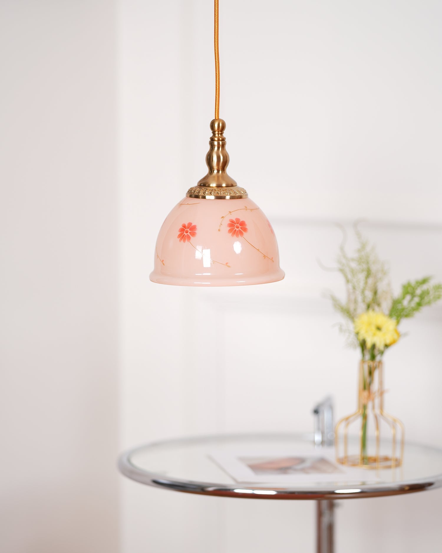 Pendant Lamp Brass and Glass Floral Pattern Dome Shade Vintage - Neutralighting