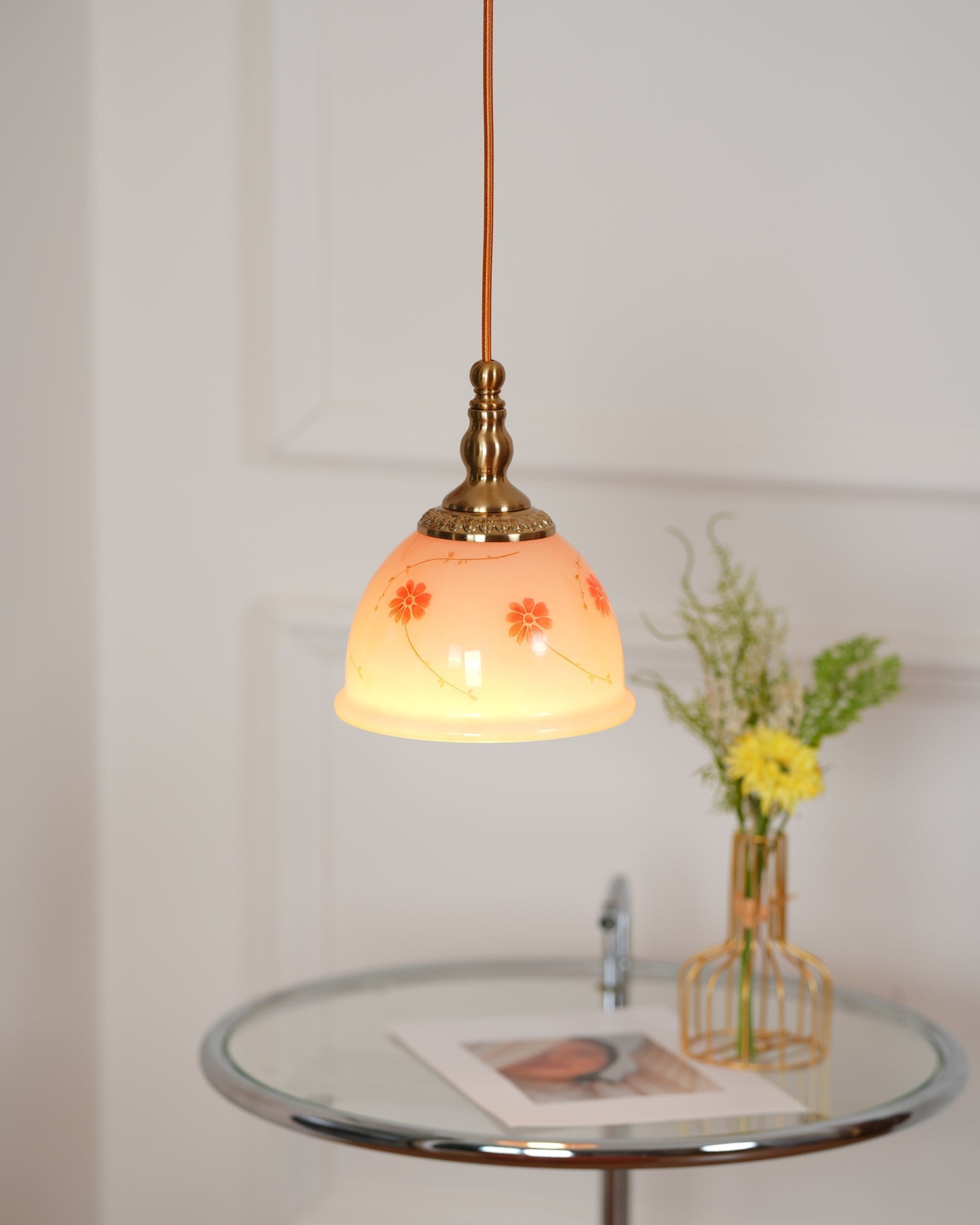 Pendant Lamp Brass and Glass Floral Pattern Dome Shade Vintage - Neutralighting