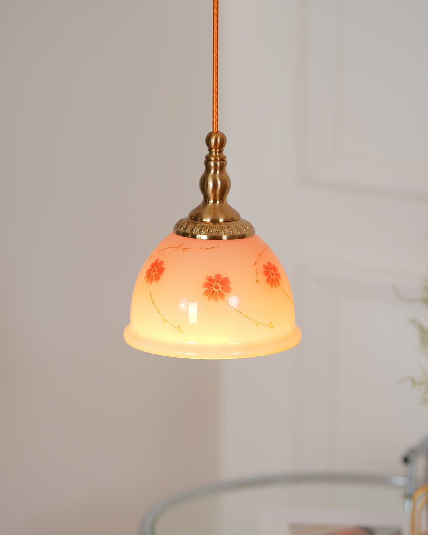Pendant Lamp Brass and Glass Floral Pattern Dome Shade Vintage - Neutralighting