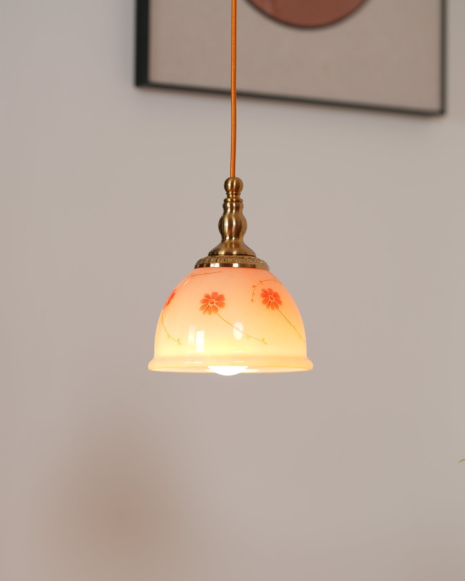 Pendant Lamp Brass and Glass Floral Pattern Dome Shade Vintage - Neutralighting