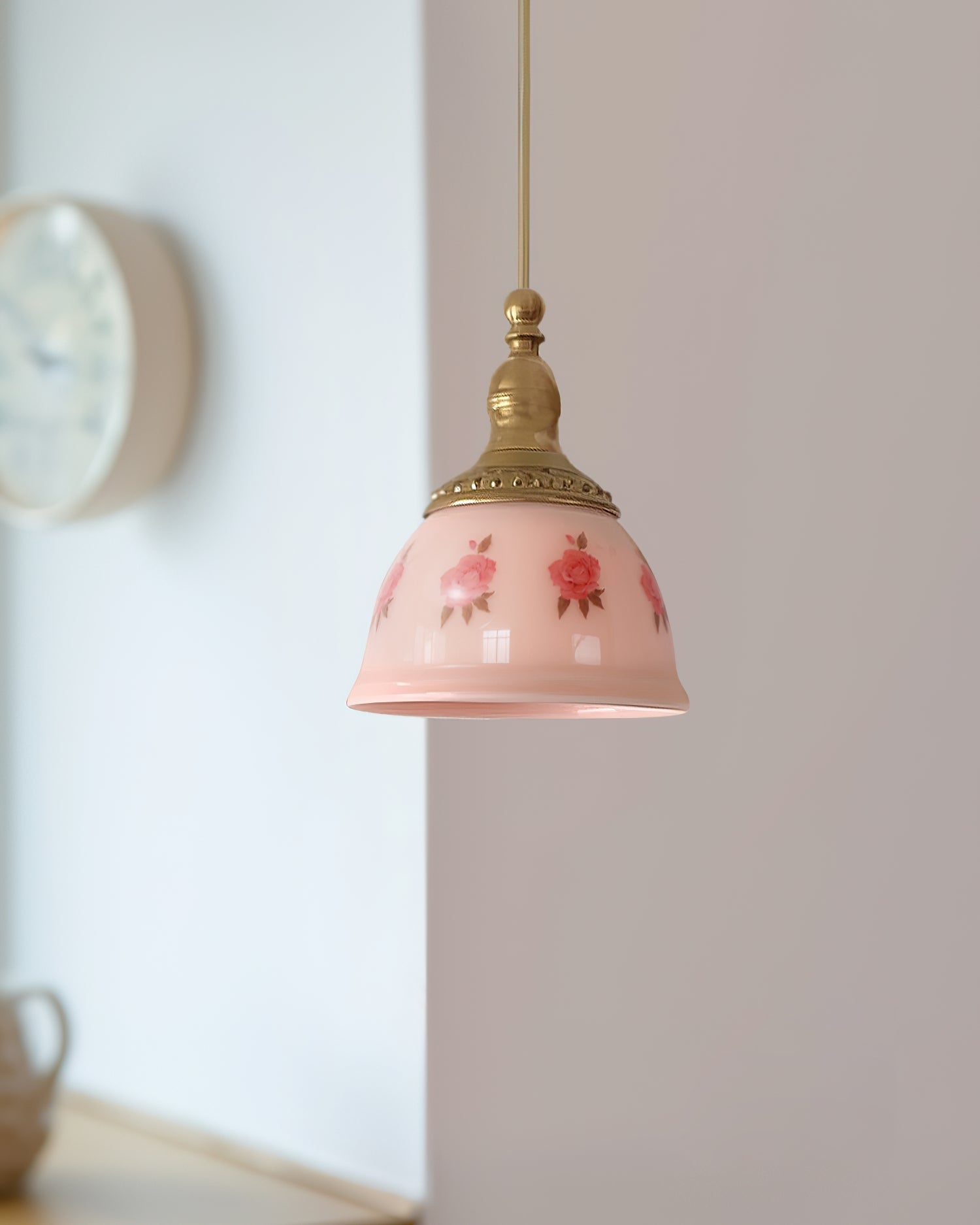 Pendant Lamp Brass and Glass Floral Pattern Dome Shade Vintage - Neutralighting