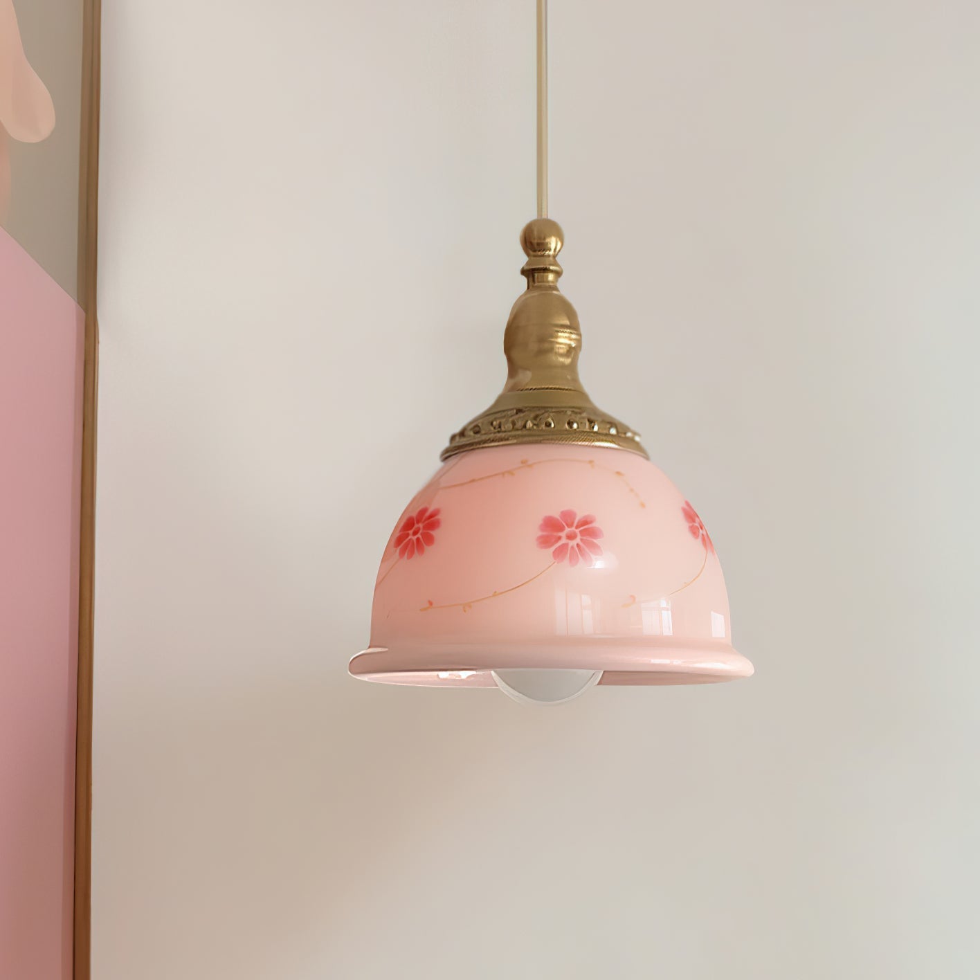 Pendant Lamp Brass and Glass Floral Pattern Dome Shade Vintage - Neutralighting