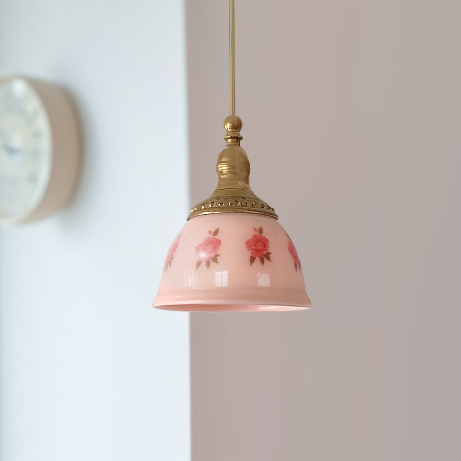 Pendant Lamp Brass and Glass Floral Pattern Dome Shade Vintage - Neutralighting