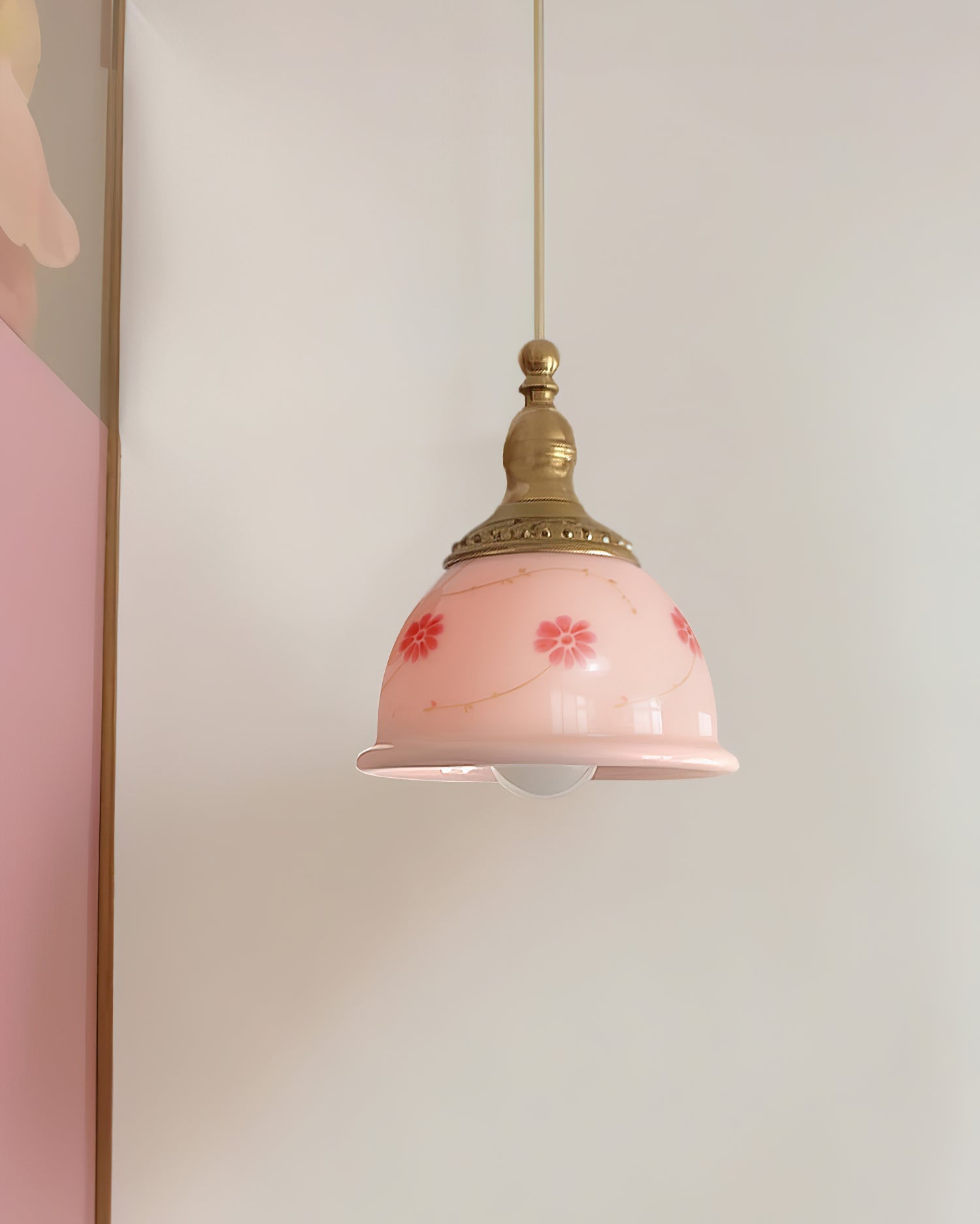 Pendant Lamp Brass and Glass Floral Pattern Dome Shade Vintage - Neutralighting