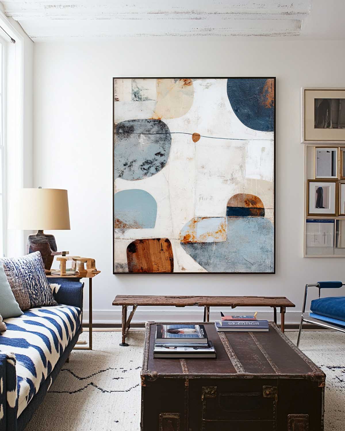 Navy‑Blue‑Terracotta‑Beige Vertical Geometric Shapes Textured Artwork