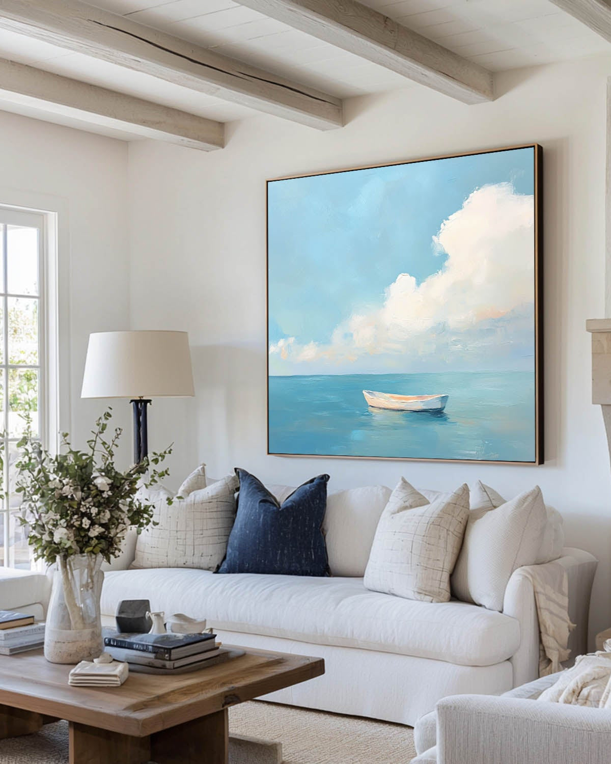 Tranquil Ocean Boat Seascape Soft Cloud Layered Impasto Textured Artwork