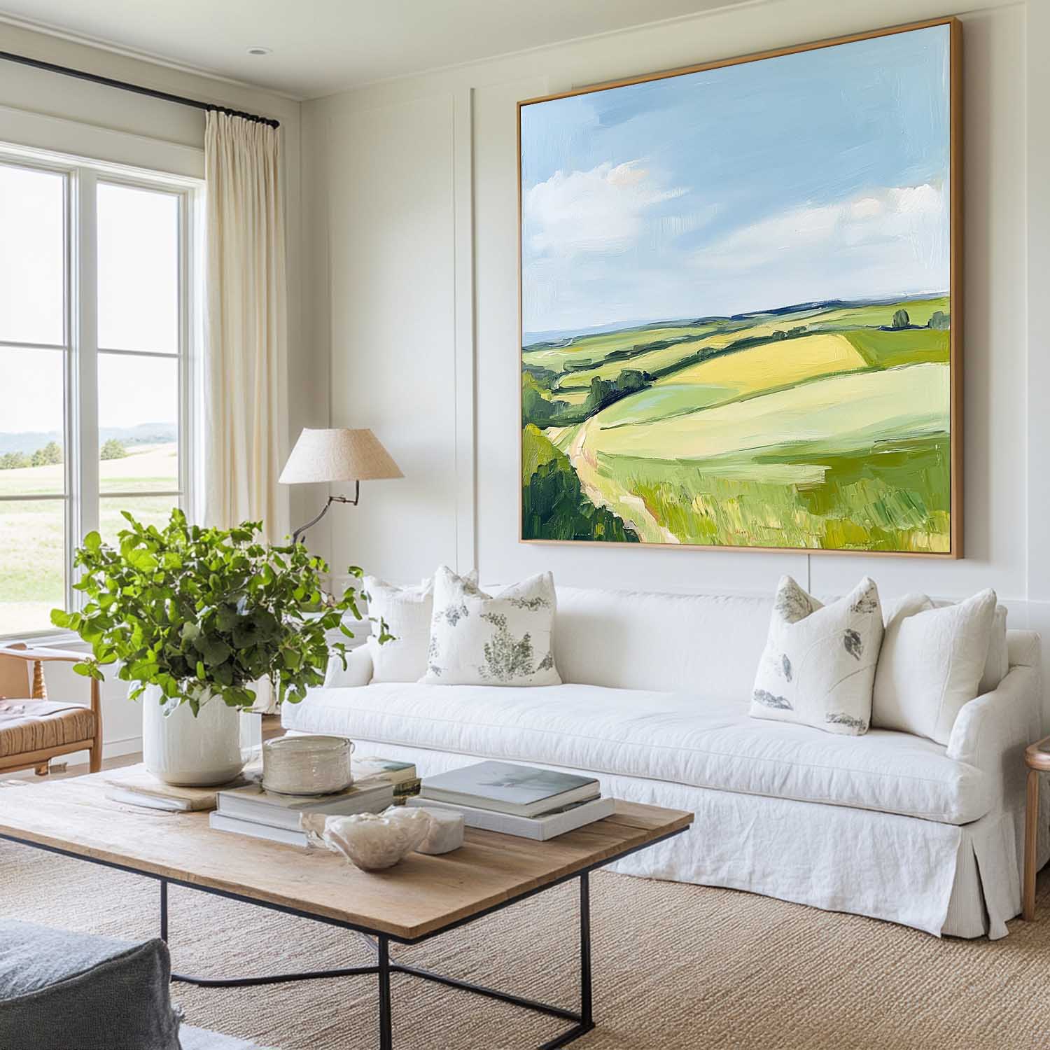 Rolling Countryside Scenery Soft‑Brush Pastoral Layered Textured Artwork