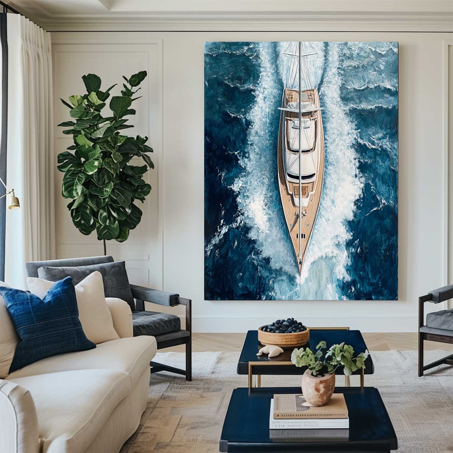 Deep‑Blue Tall Sailboat‑Wave Nautical‑Seascape Artwork