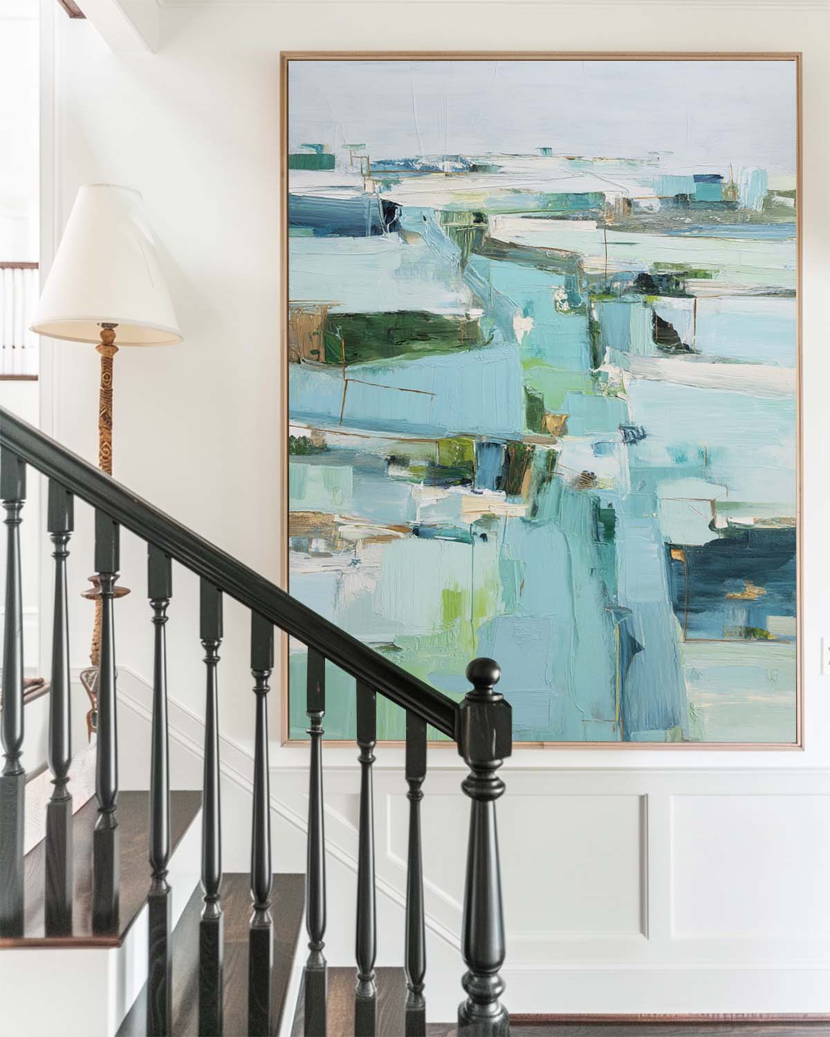 Teal‑Mint‑Green‑White Vertical Impasto Abstract Scenic Textured Artwork
