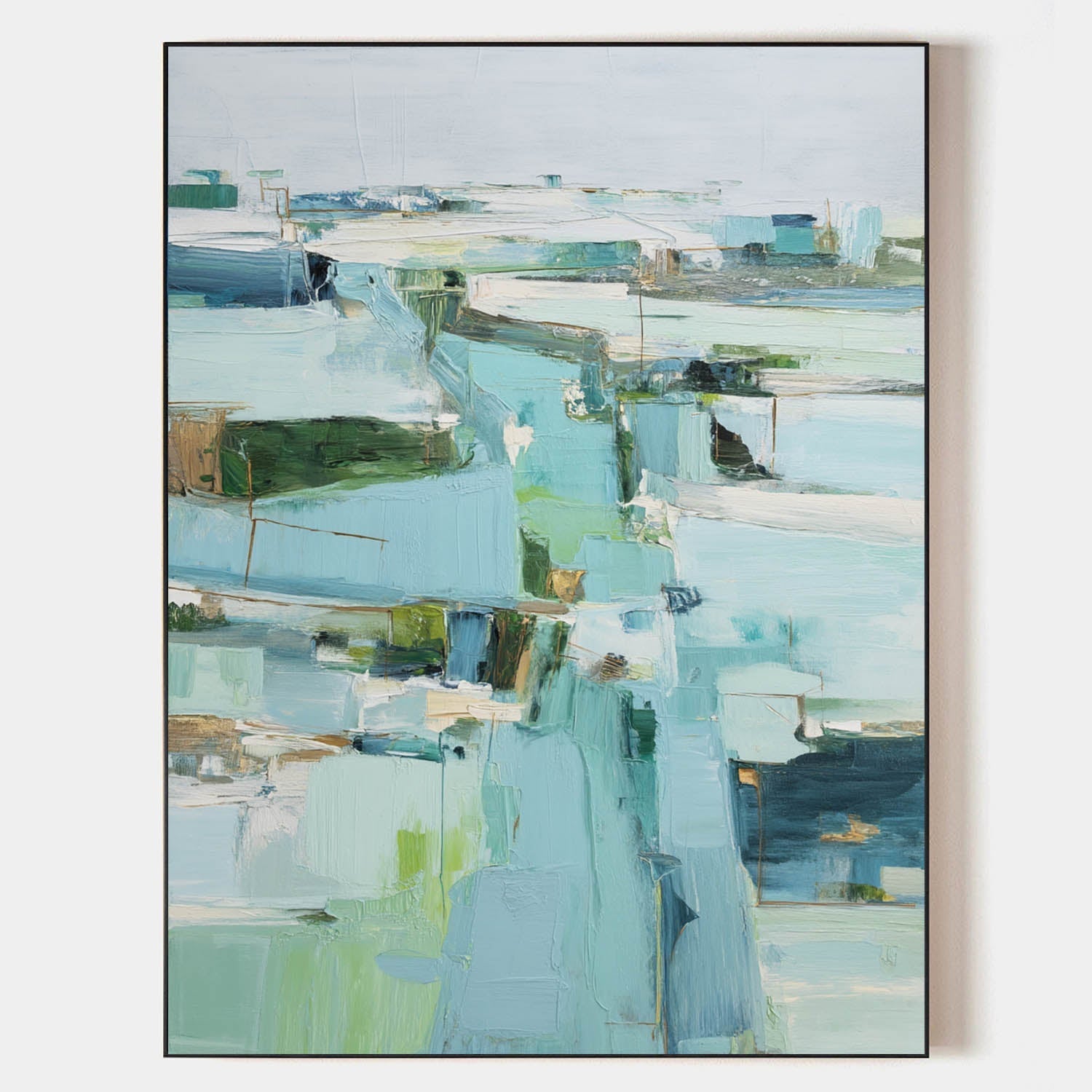 Teal‑Mint‑Green‑White Vertical Impasto Abstract Scenic Textured Artwork