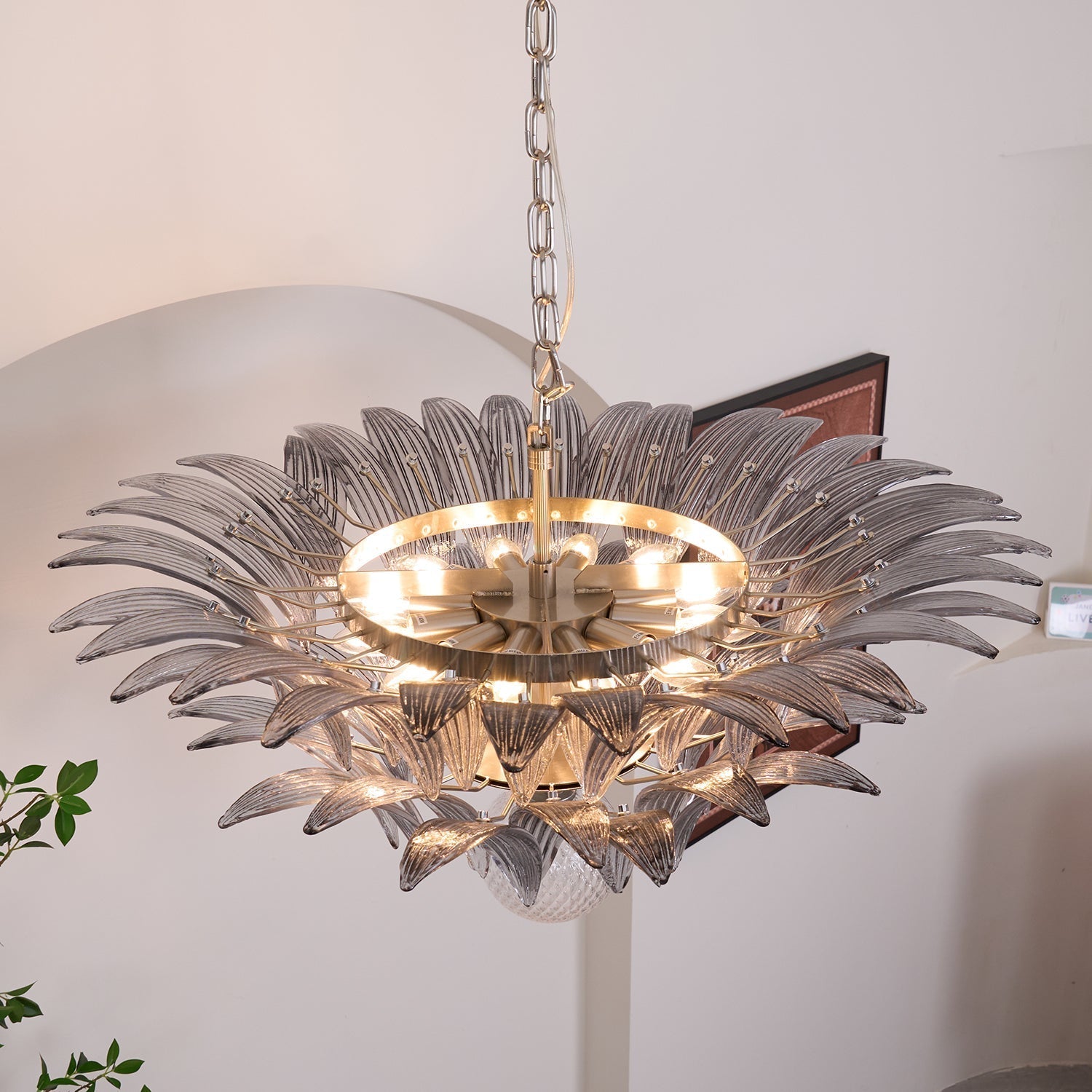 Aurora Chandelier Palmette Clear Murano Glass Leaf Layered