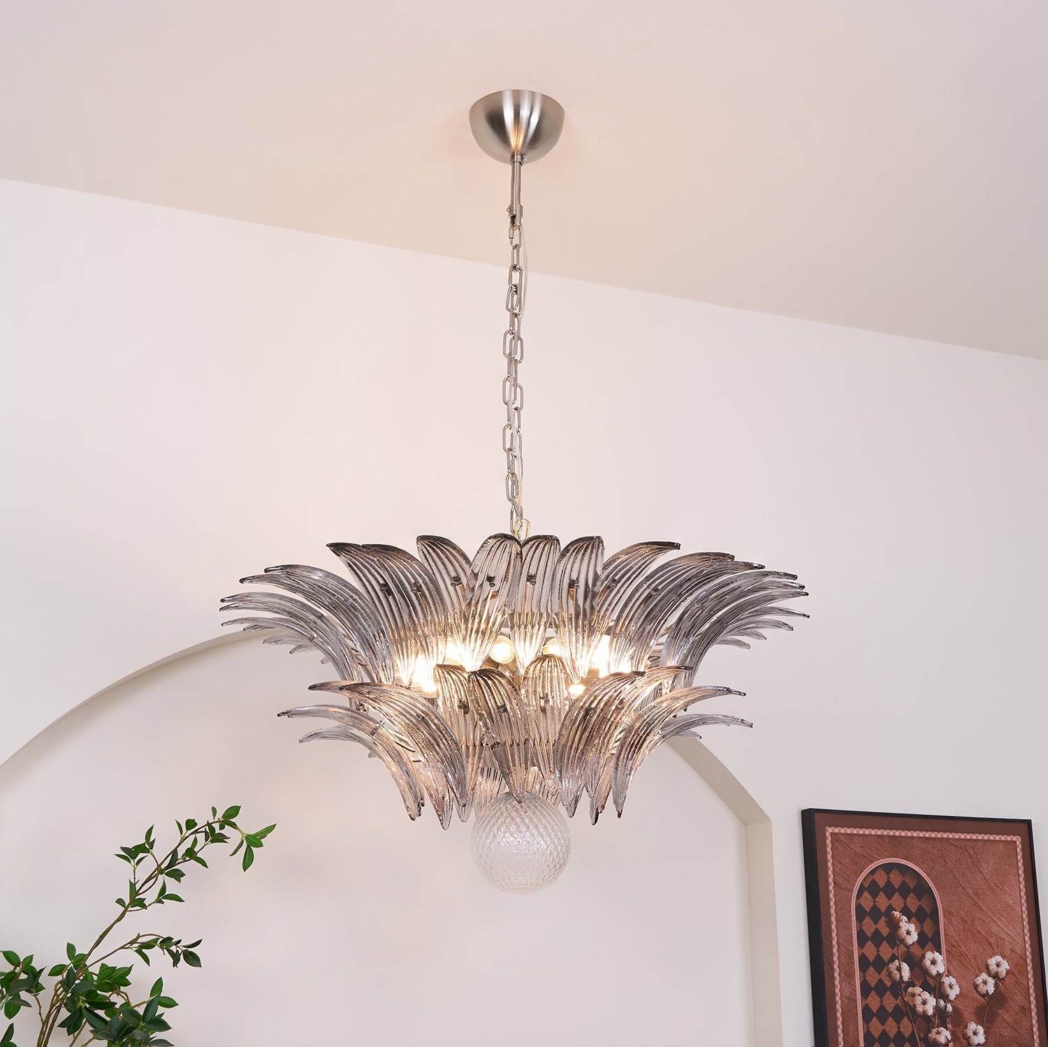 Aurora Chandelier Palmette Clear Murano Glass Leaf Layered