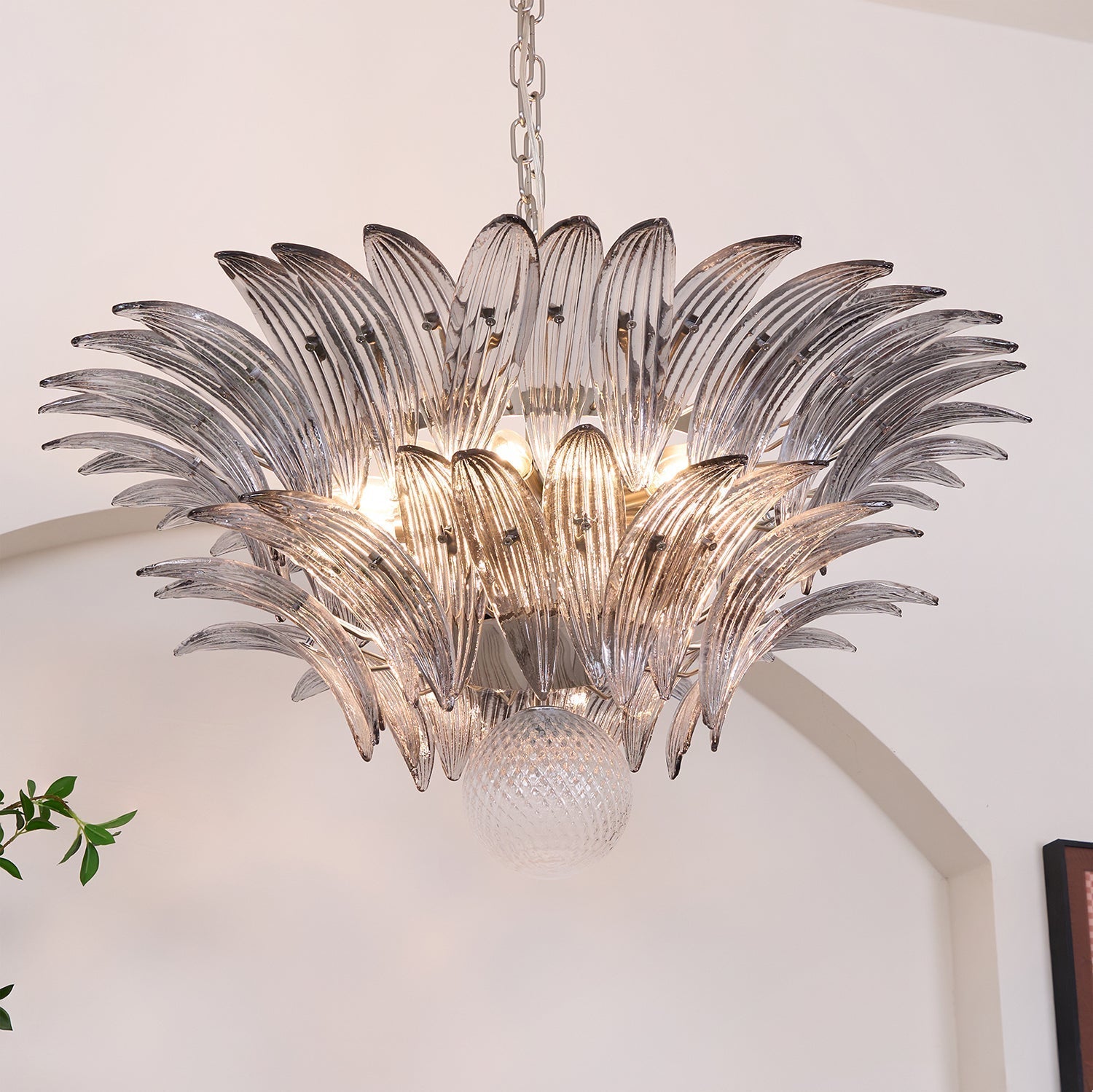 Aurora Chandelier Palmette Clear Murano Glass Leaf Layered