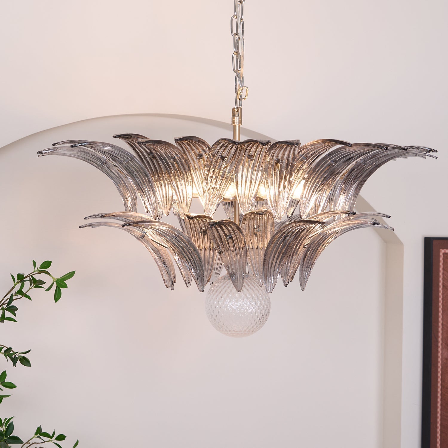 Aurora Chandelier Palmette Clear Murano Glass Leaf Layered