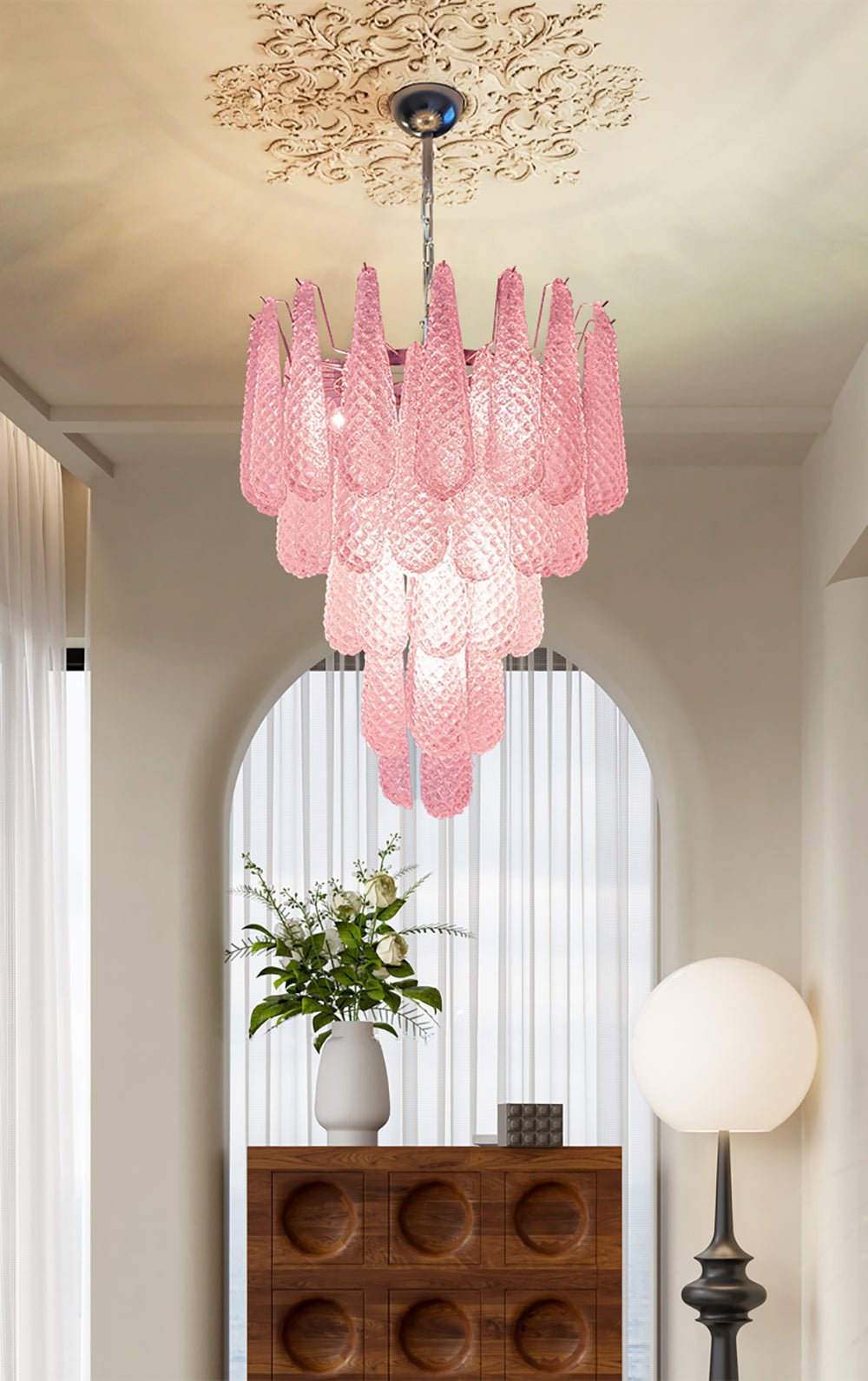 Aurora Chandelier Pink Droplet Murano Glass Diamond Pattern Waterfall