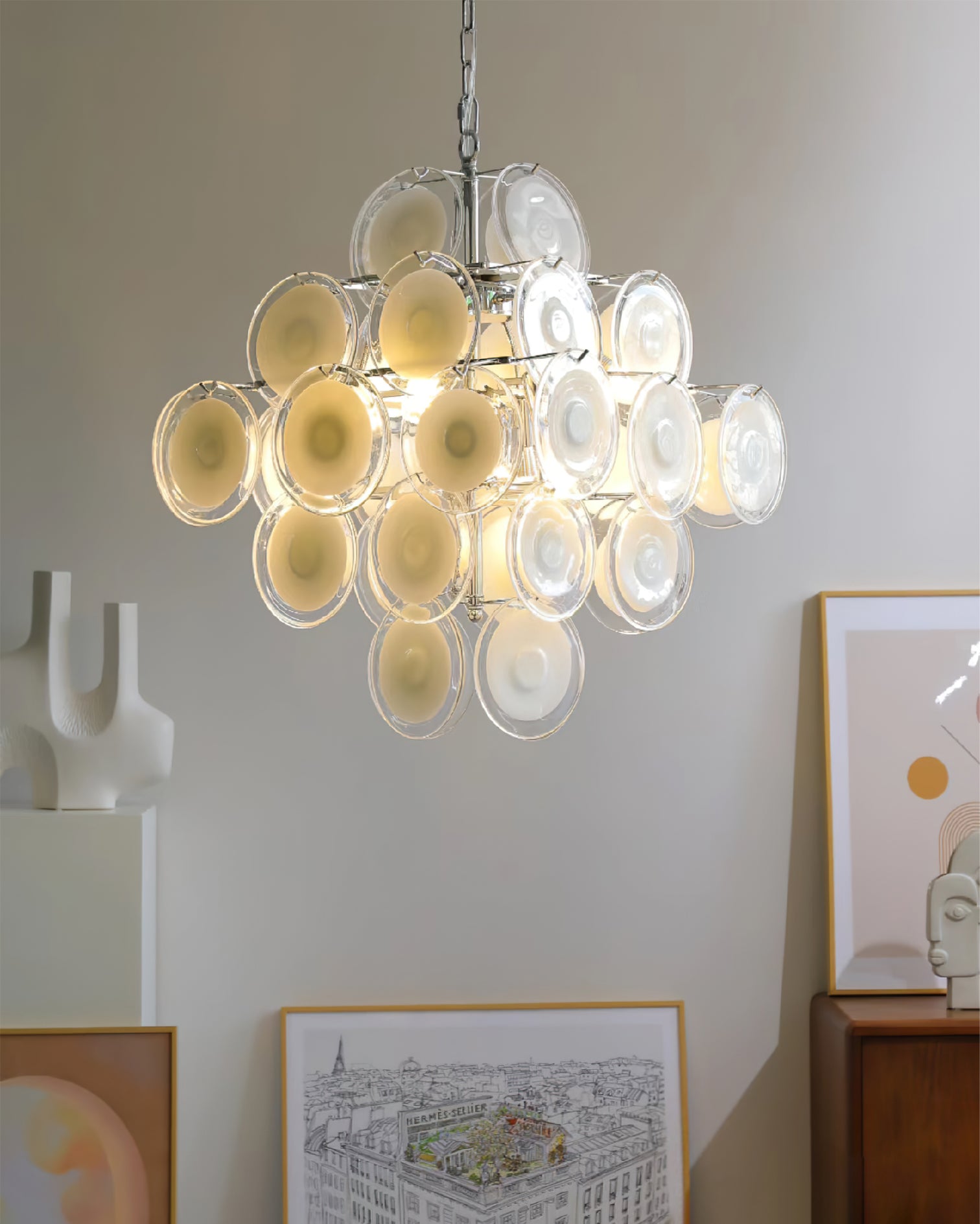 Aurora Chandelier White Murano Glass Discs Cluster