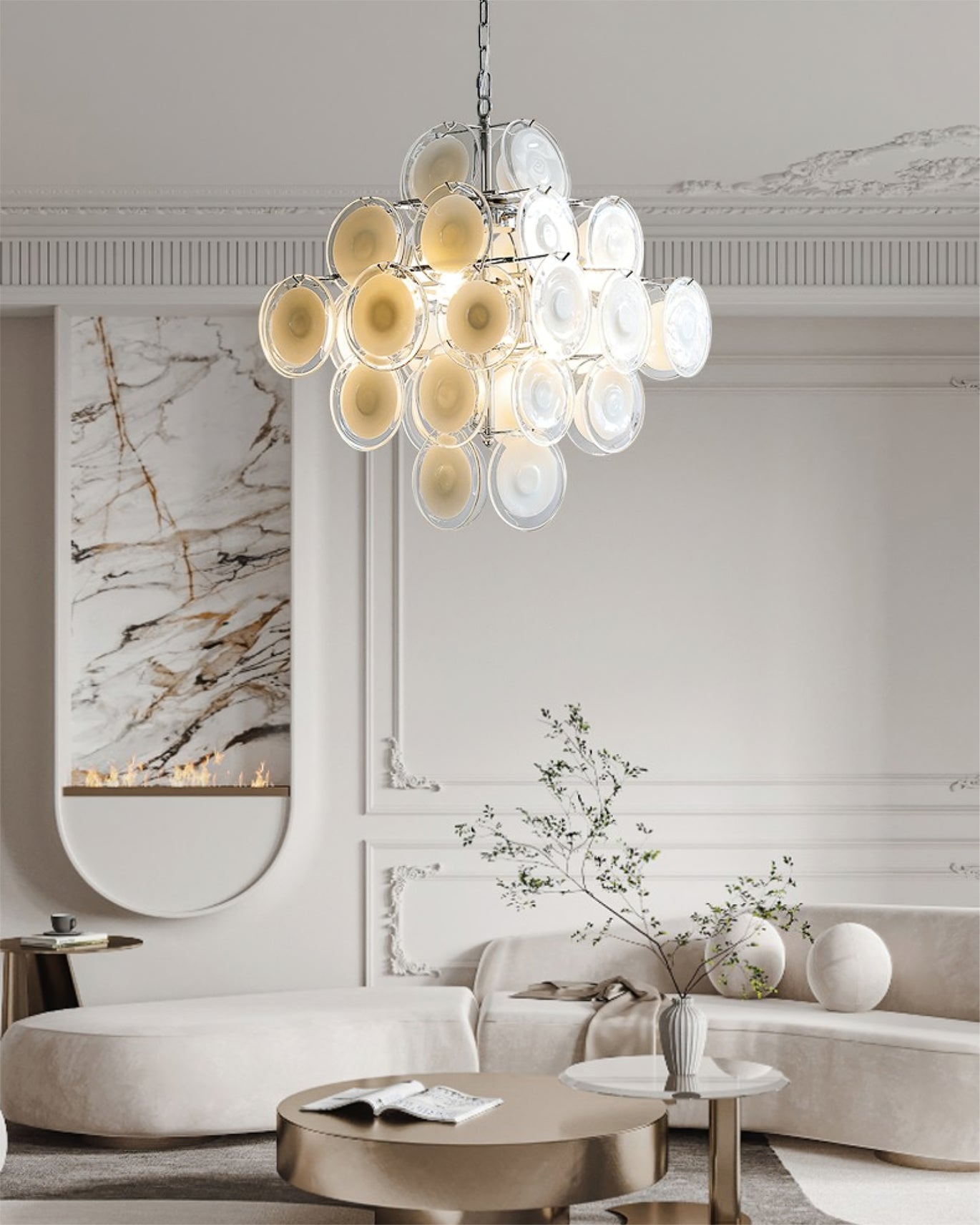 Aurora Chandelier White Murano Glass Discs Cluster