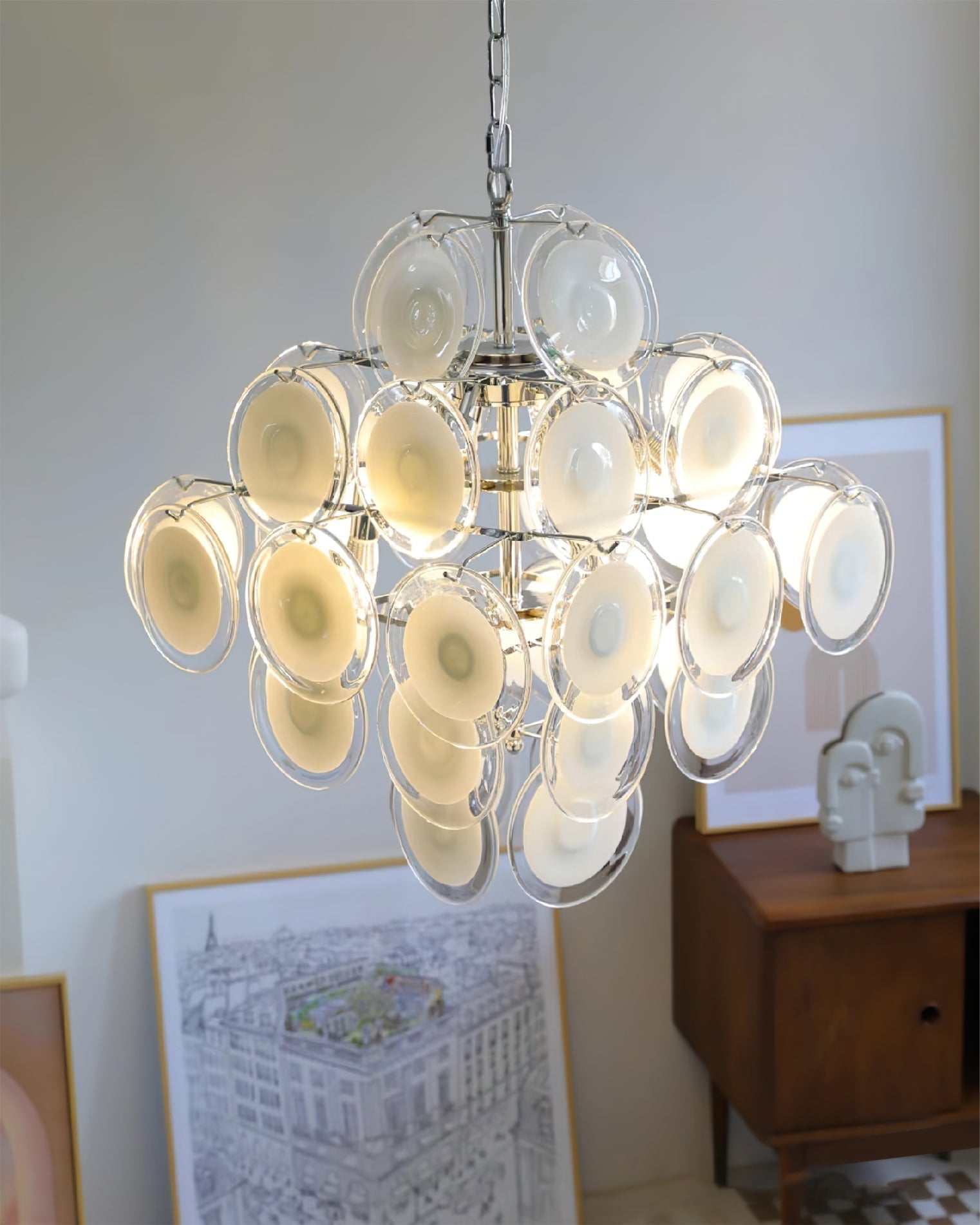 Aurora Chandelier White Murano Glass Discs Cluster