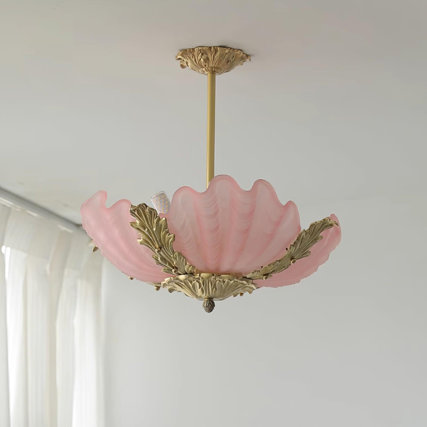Pendant Lamp Pink Murano Shell with Brass Baroque
