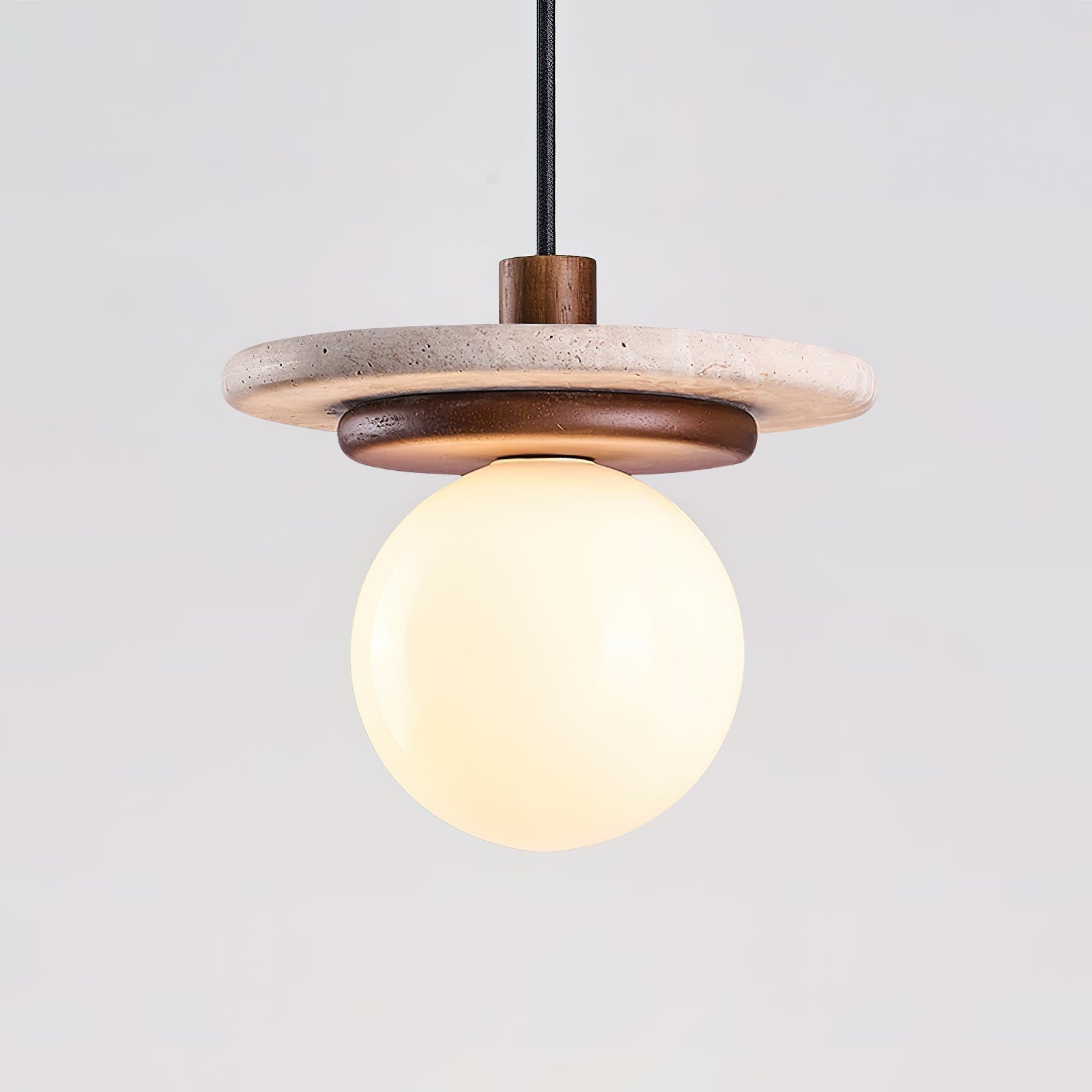 Pendant Lamp Glass Globe Travertine Disc Walnut Wood Natural - Neutralighting