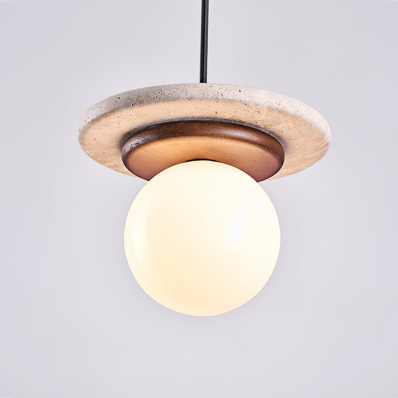 Pendant Lamp Glass Globe Travertine Disc Walnut Wood Natural - Neutralighting