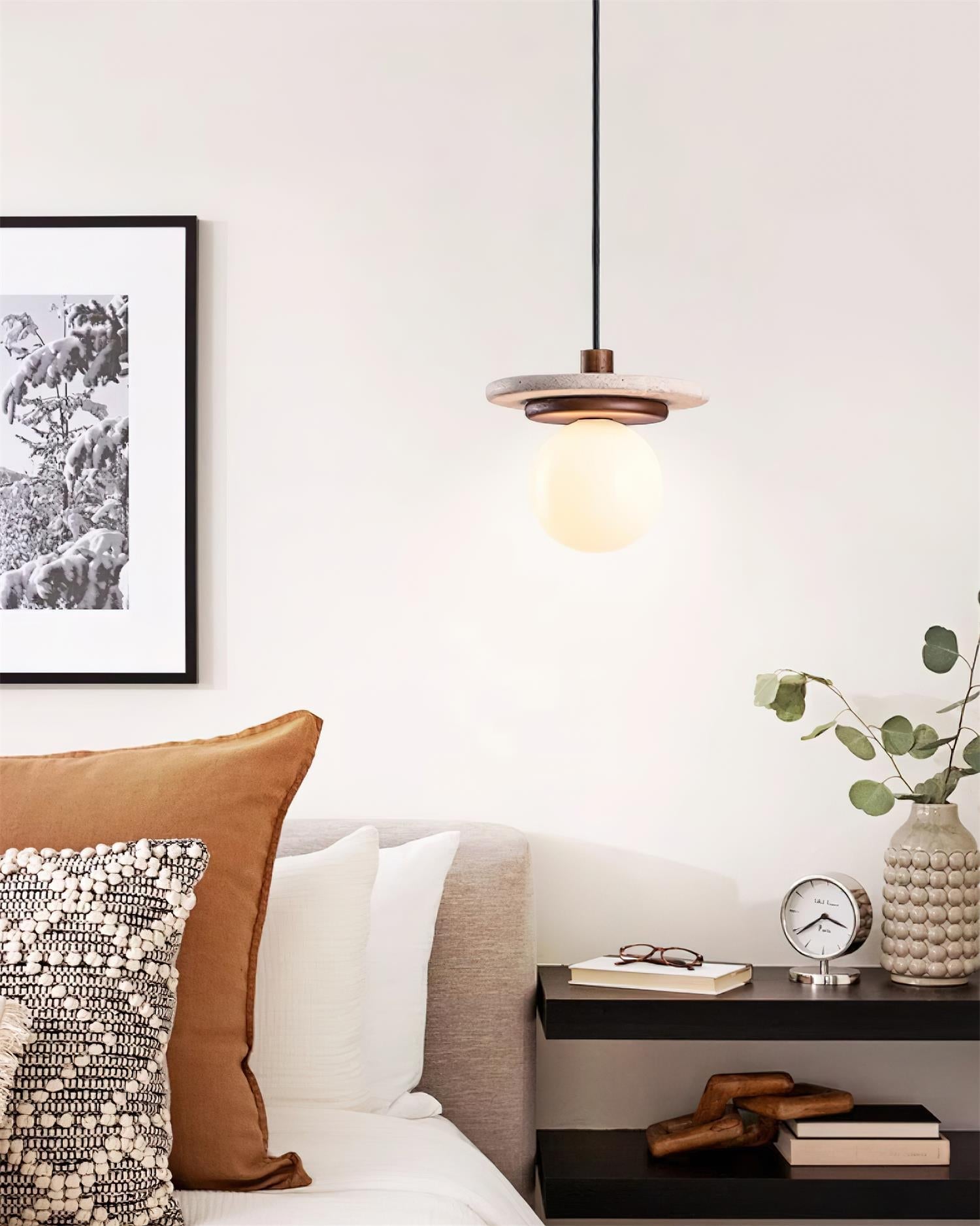 Pendant Lamp Glass Globe Travertine Disc Walnut Wood Natural - Neutralighting