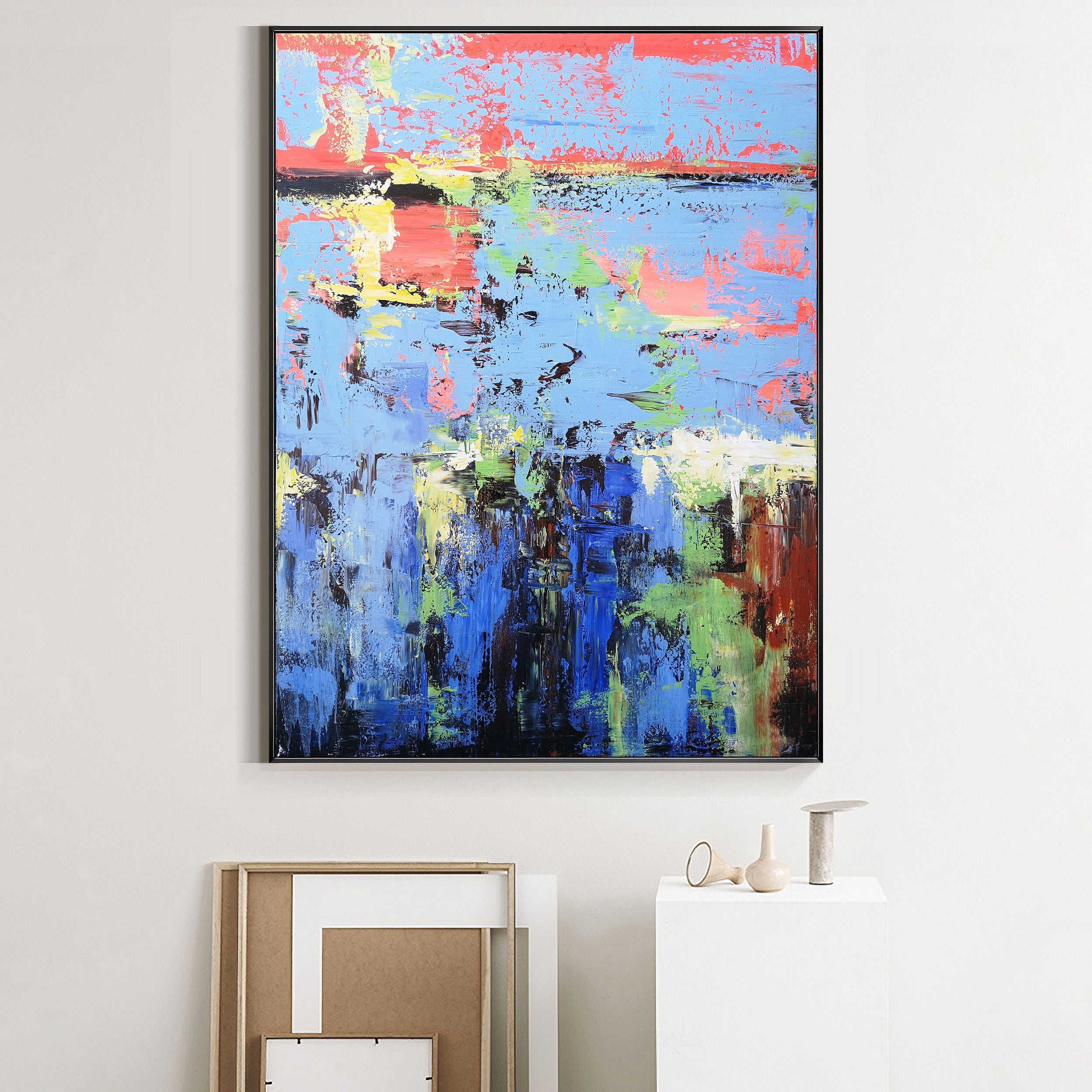 Blue‑Red‑Green Vertical Seascape Abstract Impasto‑Textured Artwork
