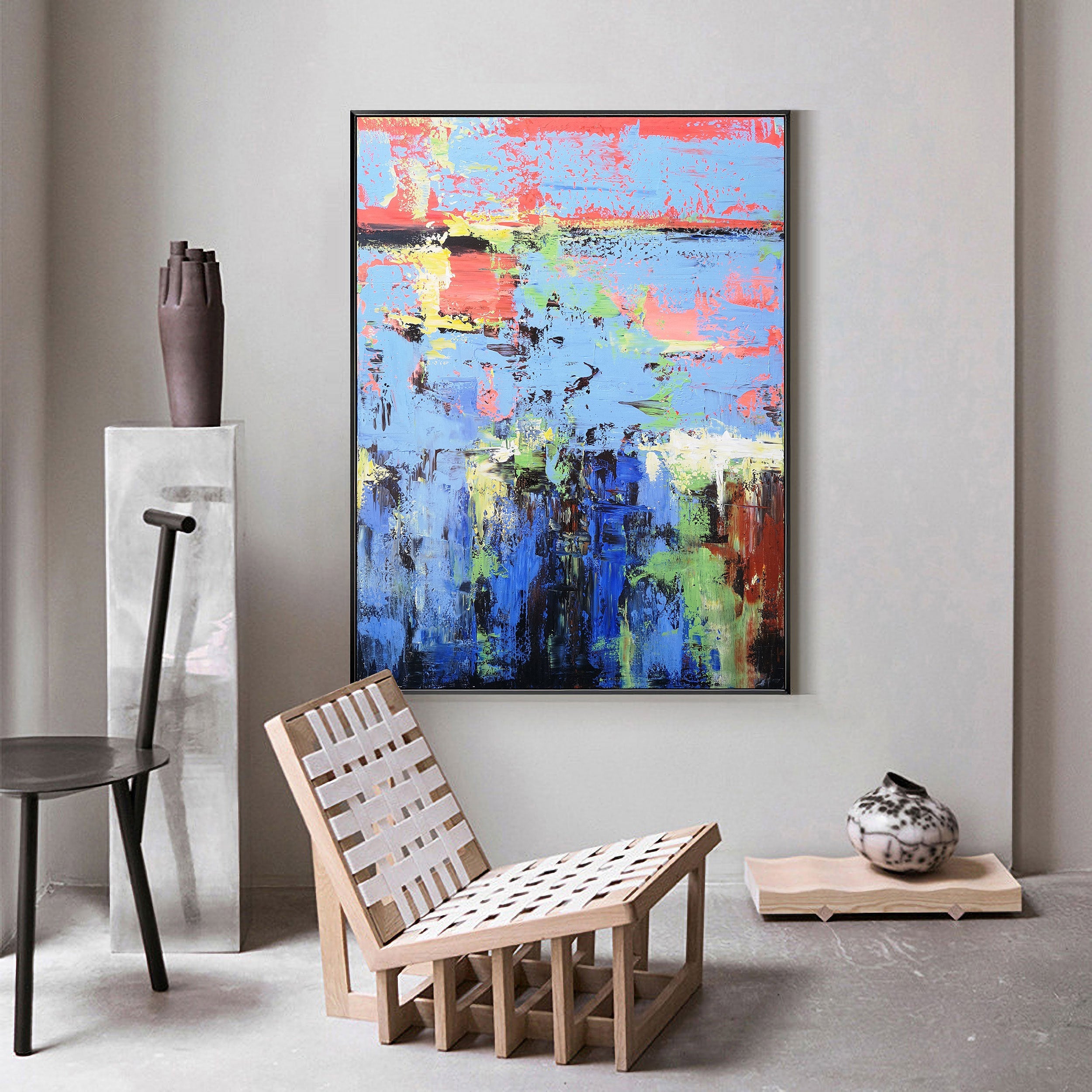 Blue‑Red‑Green Vertical Seascape Abstract Impasto‑Textured Artwork