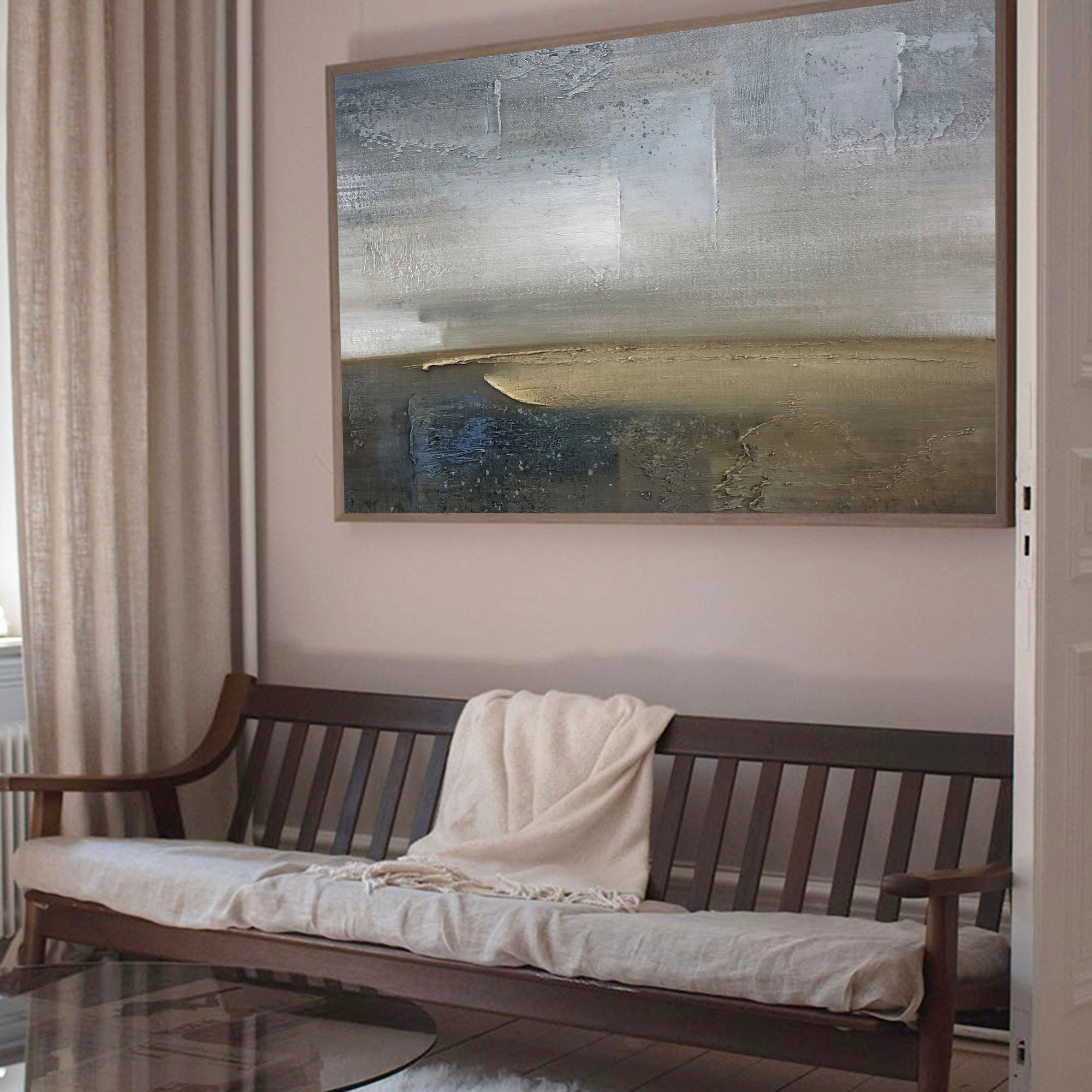 Blue‑Olive Horizontal Abstract‑Coastal Heavy‑Textured Artwork