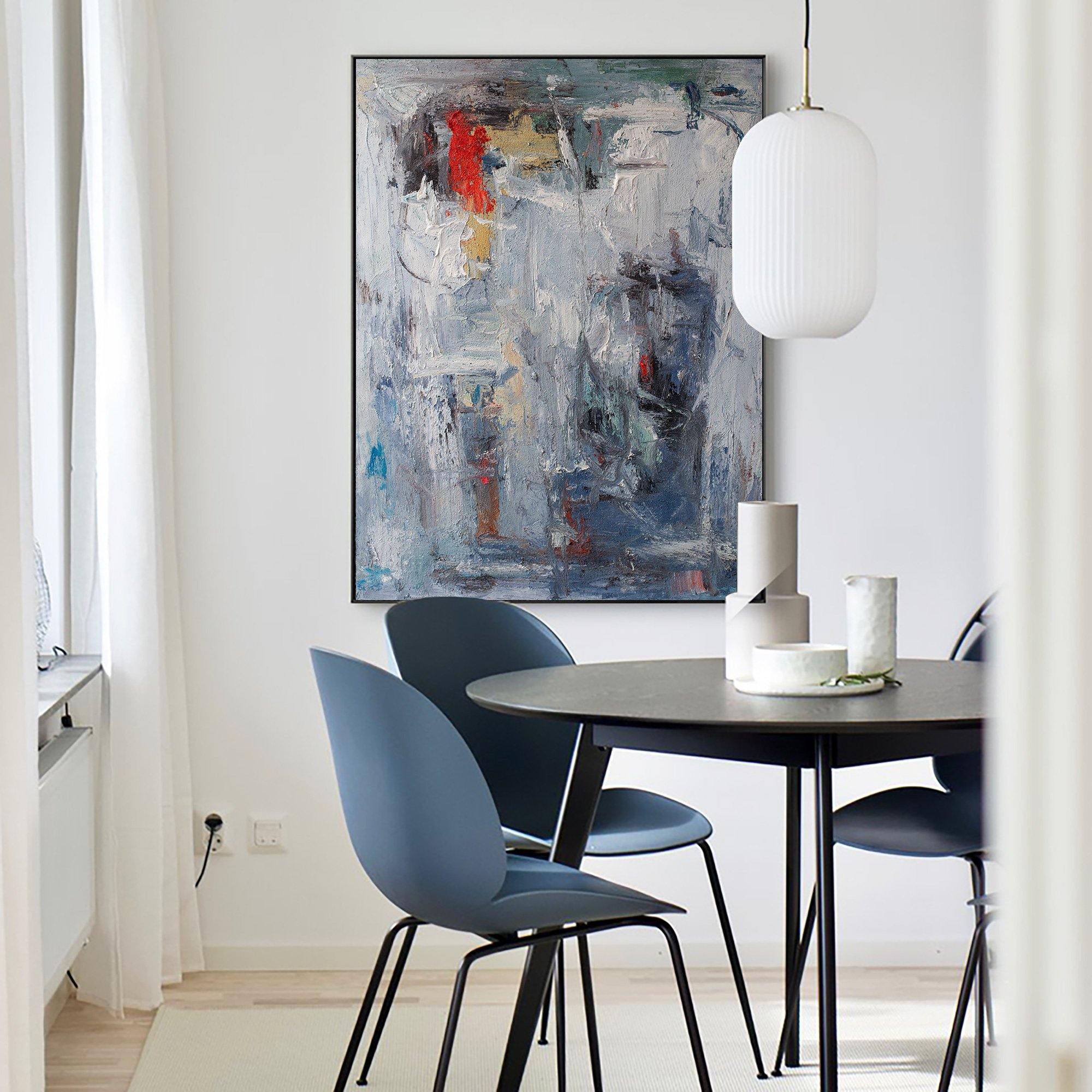 Grey‑Blue Vertical Red‑Accent Expressive Impasto Textured Artwork