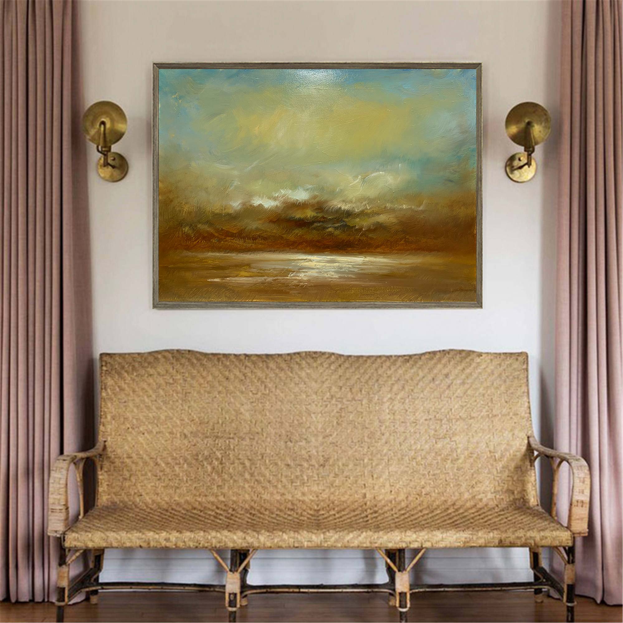 Abstract Teal Gold Coastal Sunset Landscape Oil Acrylic Linen Canvas Painting